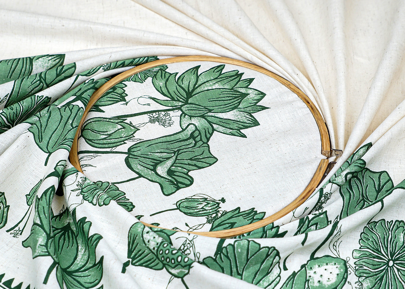 Green Cotton Flex Fabric with Hand Block Floral Border Print 15486