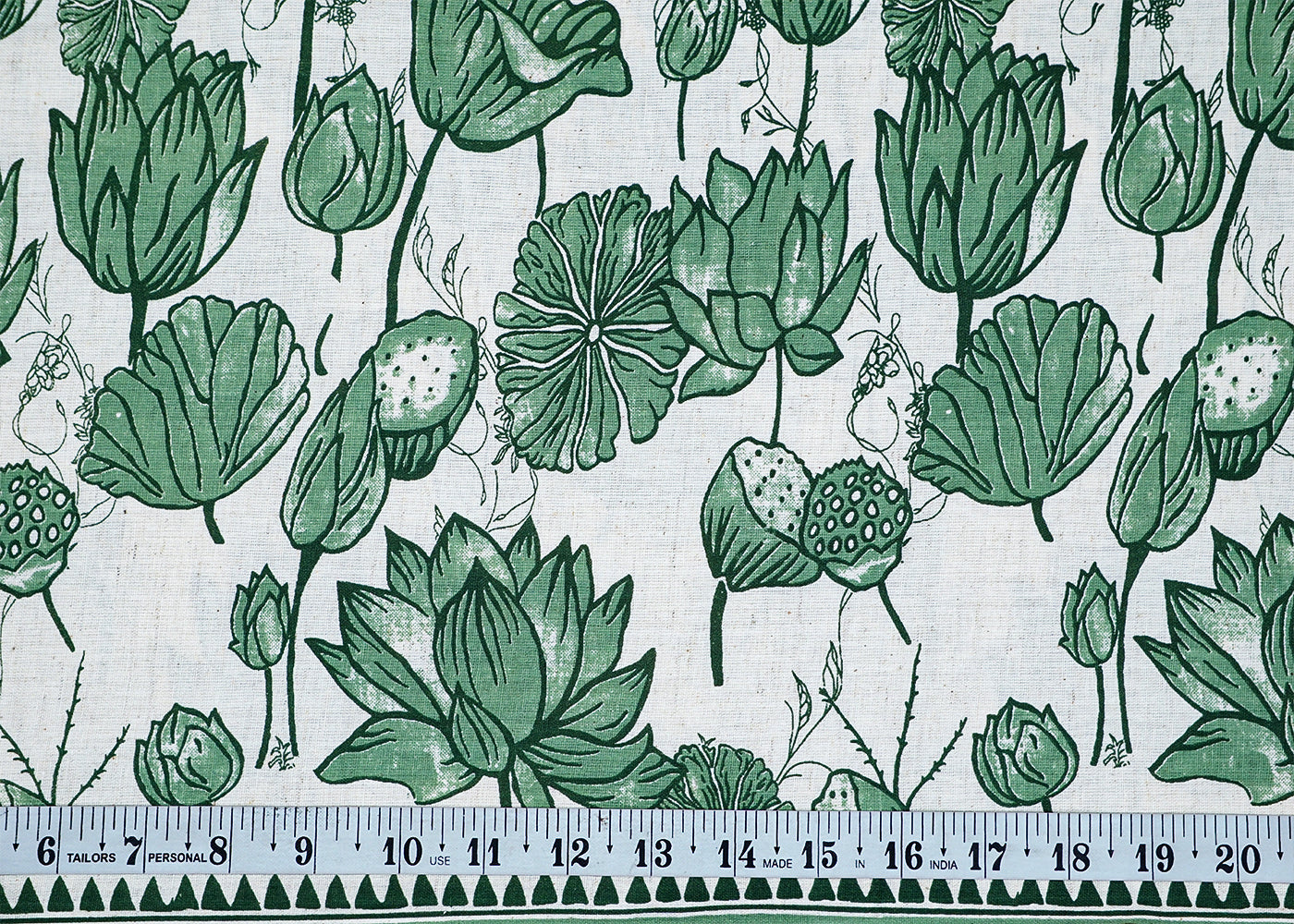 Green Cotton Flex Fabric with Hand Block Floral Border Print 15486