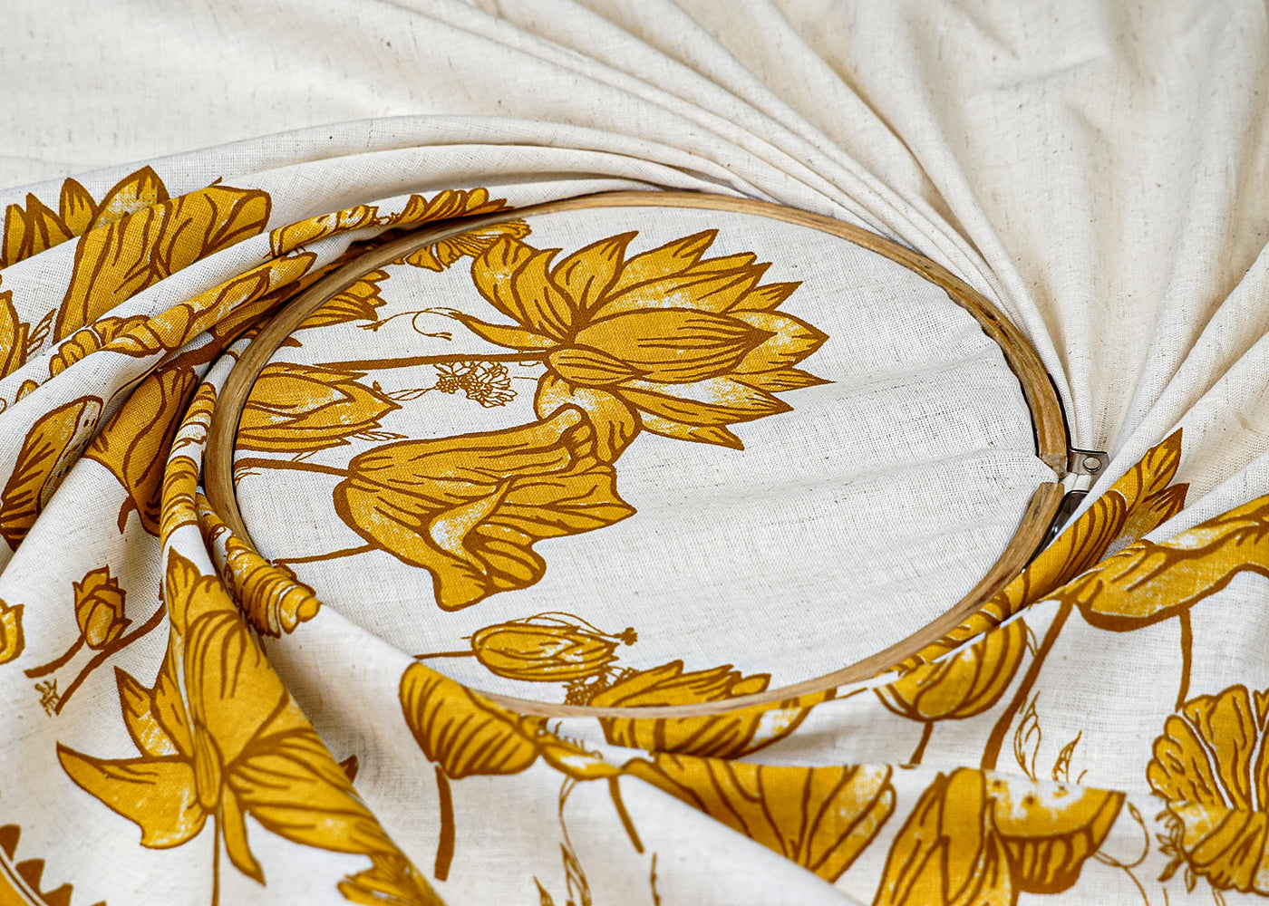 Mustard Cotton Flex Fabric with Hand Block Floral Border Print 15487
