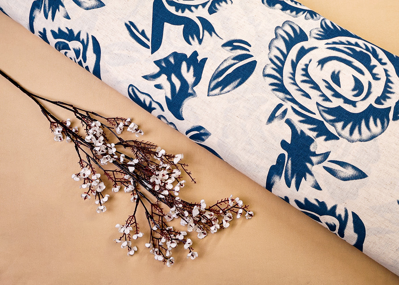 Blue Cotton Flex Fabric with Hand Block Allover Floral Print 15489