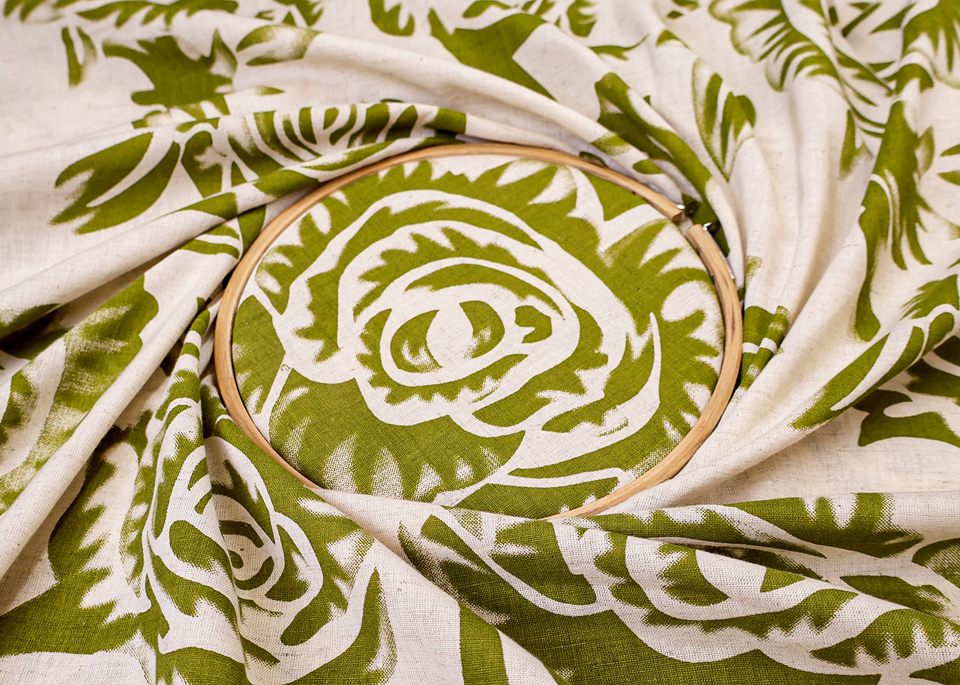 Green Cotton Flex Fabric with Hand Block Allover Floral Print 15495
