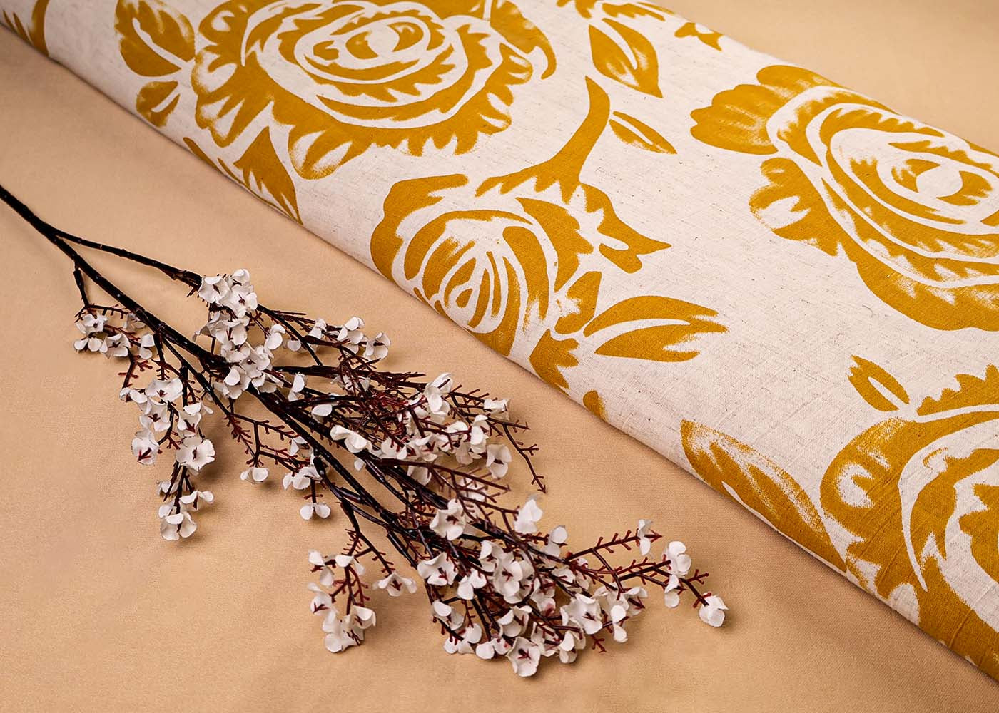 Mustard Cotton Flex Fabric with Hand Block Allover Floral Print 15496