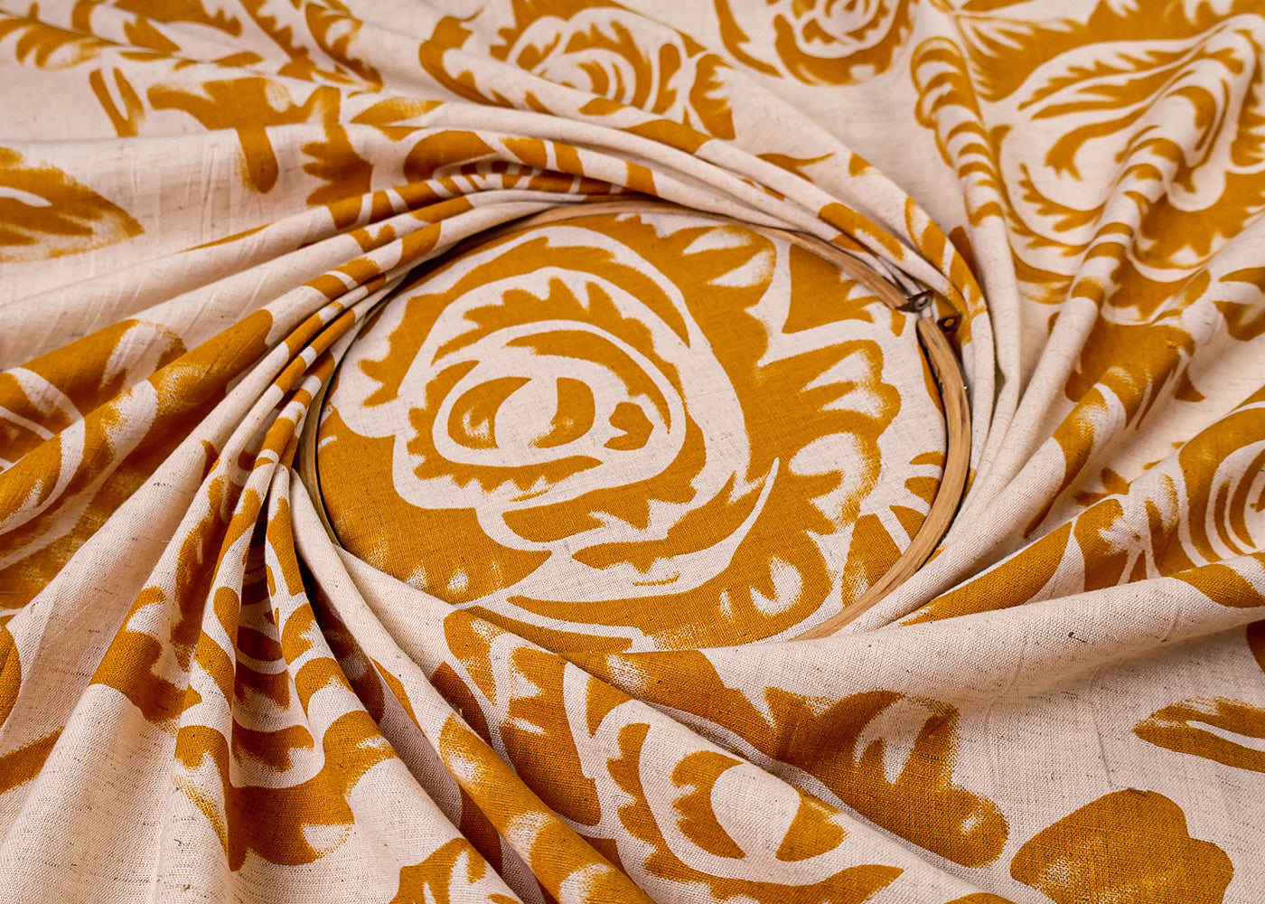 Mustard Cotton Flex Fabric with Hand Block Allover Floral Print 15496