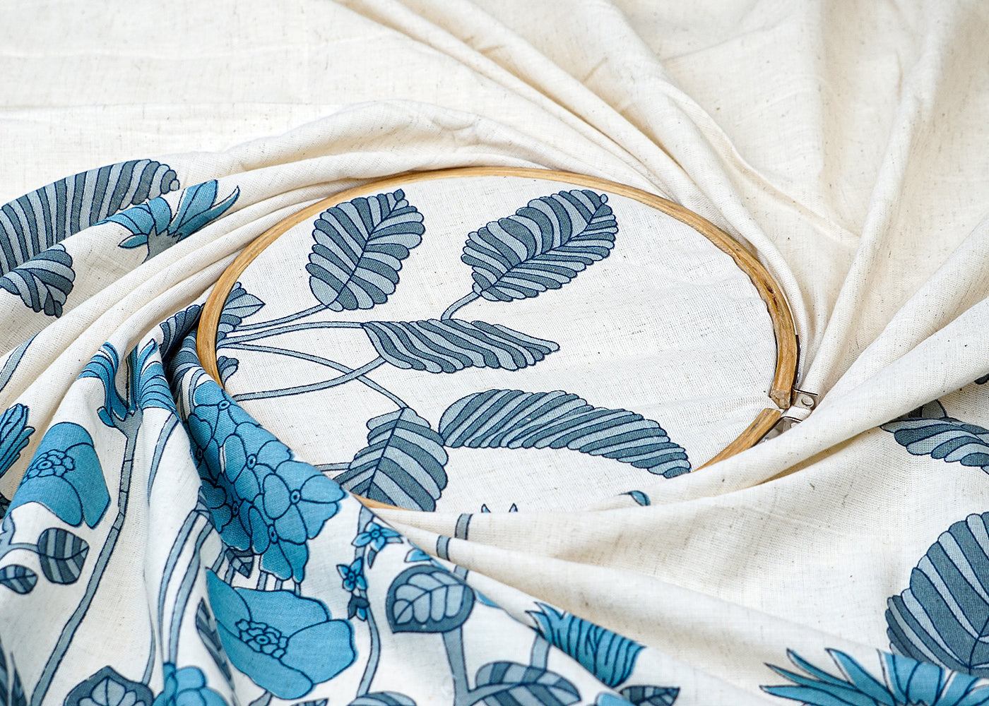 Blue Cotton Flex Fabric with Hand Block Floral Border Print 15508
