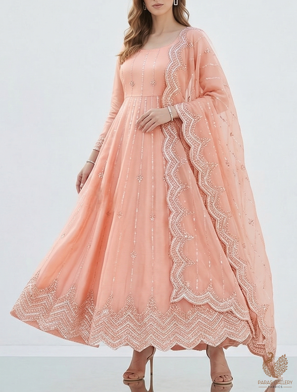 Neon Peach Imported Organza Satin Dupatta Fabric with All-Over Katdana & Sequins Work and Two-Side Border 15515