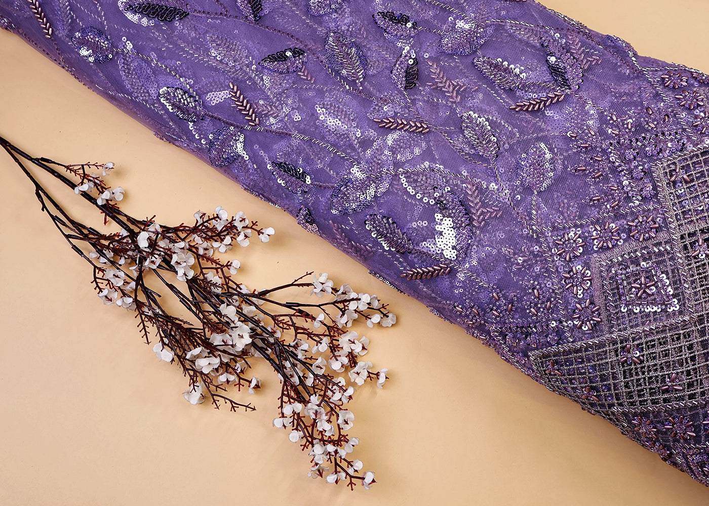 Purple Imported Net Fabric With All Over Bead And Sequins Work With Cutwork And Scalloped Border 15518