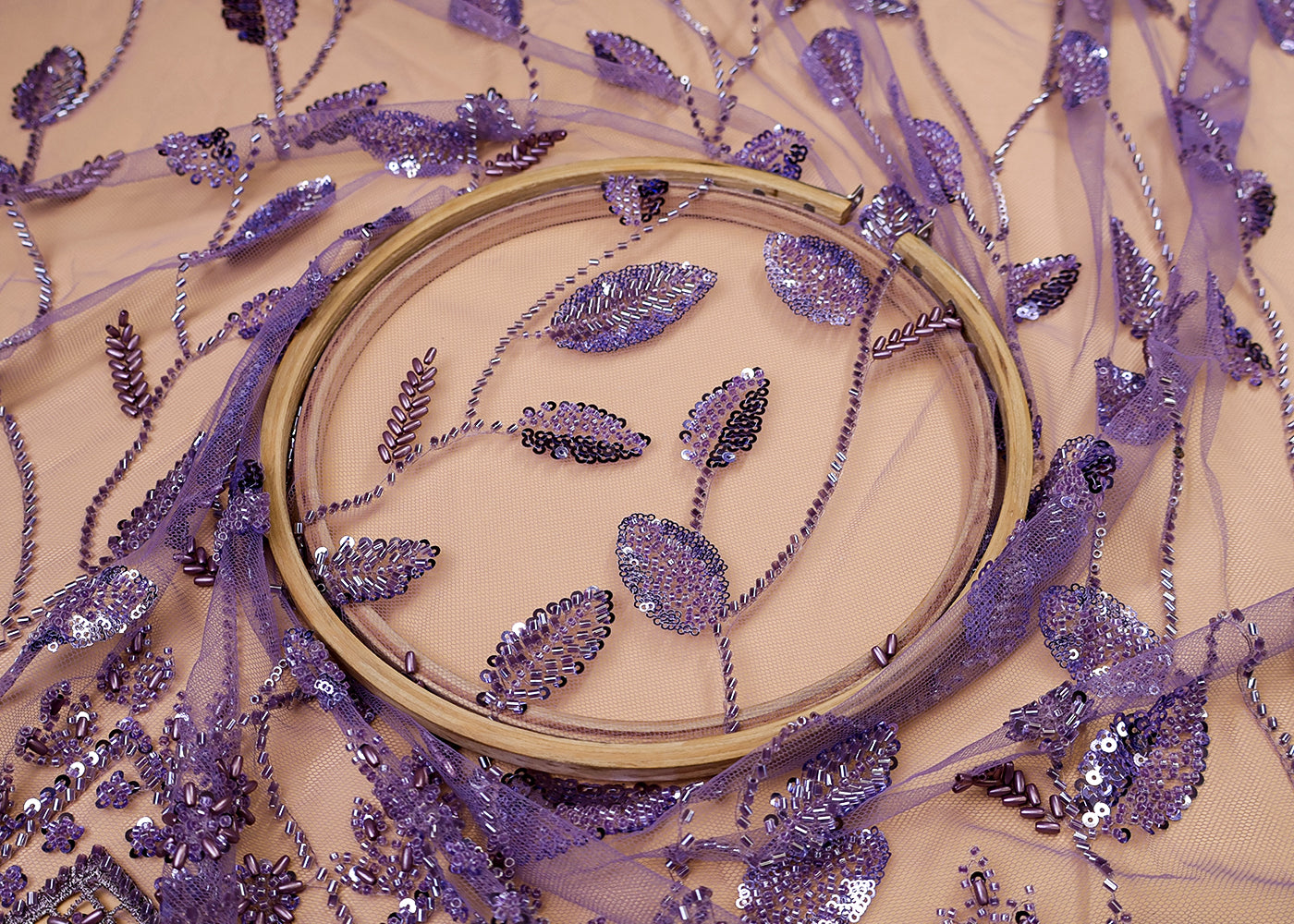 Purple Imported Net Fabric With All Over Bead And Sequins Work With Cutwork And Scalloped Border 15518