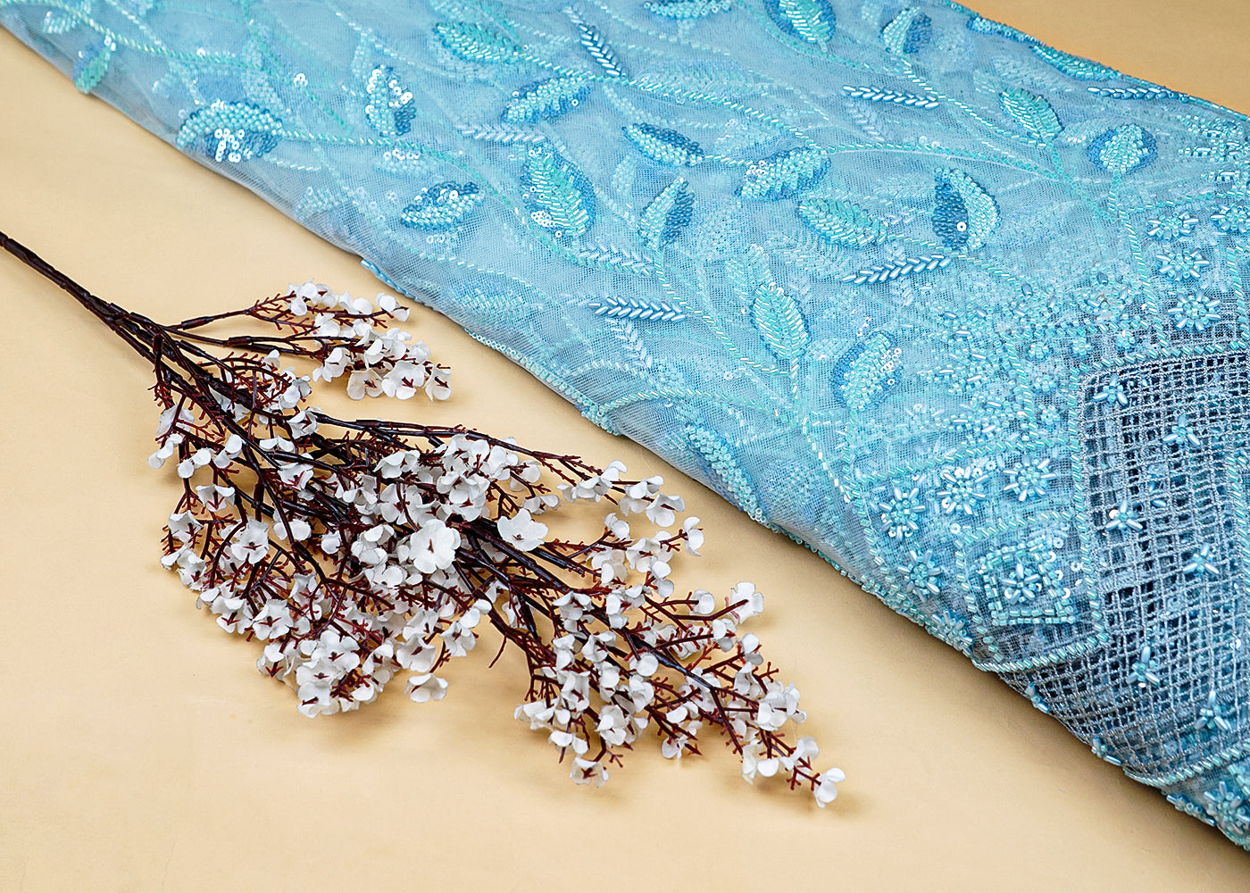 Sky Blue Imported Net Fabric With All Over Bead And Sequins Work With Cutwork And Scalloped Border 15519
