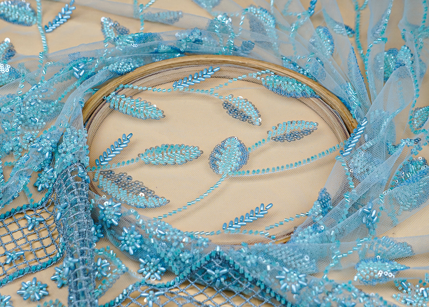 Sky Blue Imported Net Fabric With All Over Bead And Sequins Work With Cutwork And Scalloped Border 15519