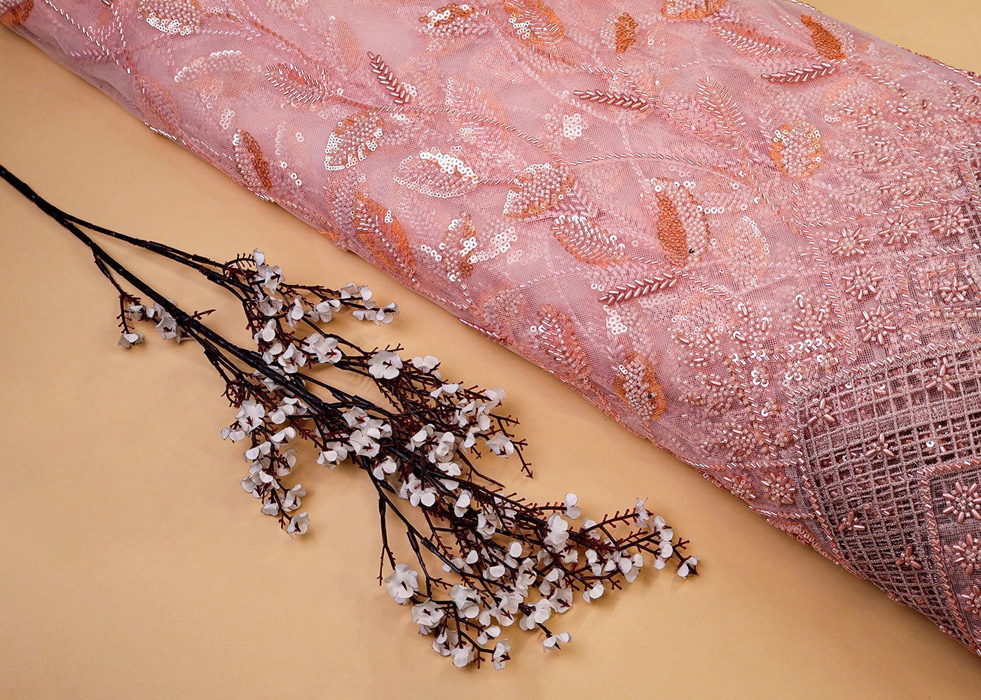 Peach Pink Imported Net Fabric With All Over Bead And Sequins Work With Cutwork And Scalloped Border 15520