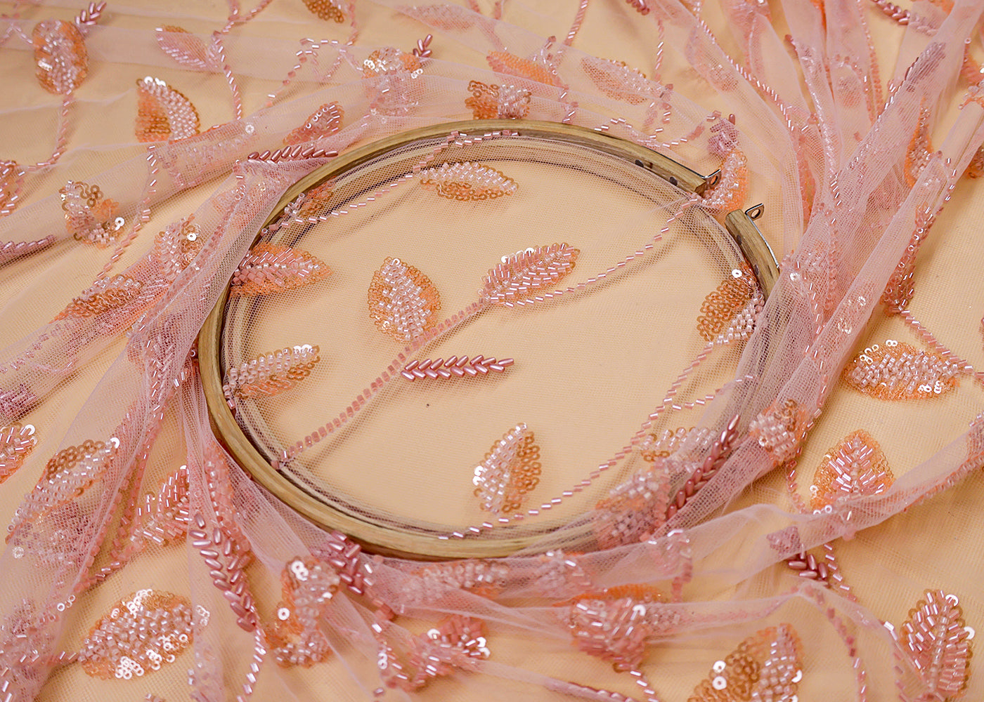 Peach Pink Imported Net Fabric With All Over Bead And Sequins Work With Cutwork And Scalloped Border 15520