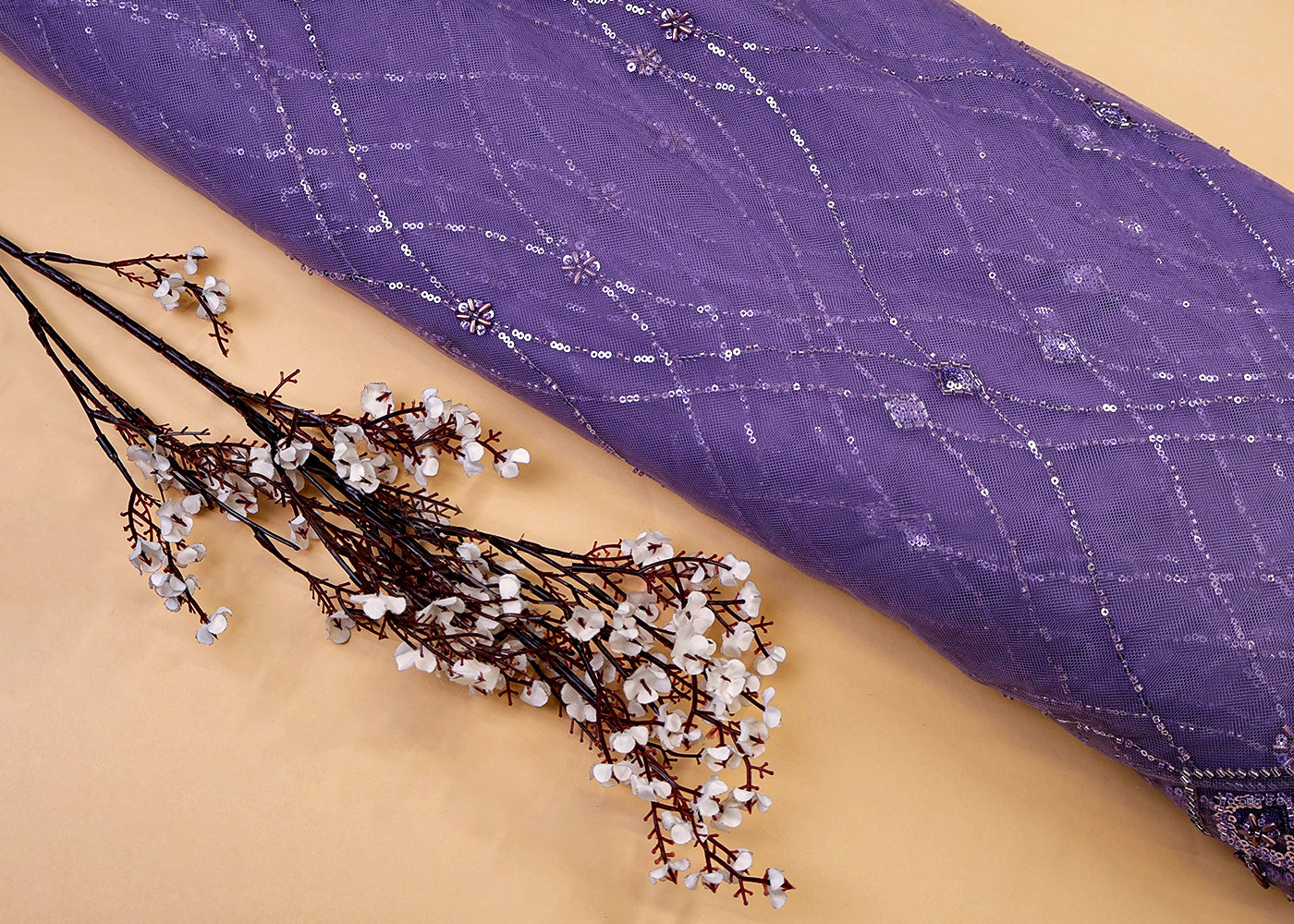 Purple Imported Net Dupatta Fabric With All Over Bead And Sequins Work With Scalloped Borders 15521
