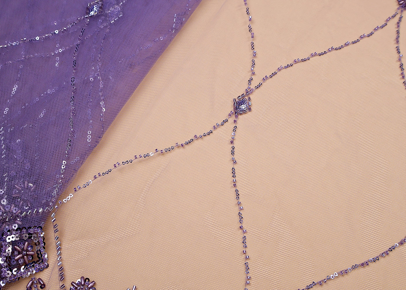 Purple Imported Net Dupatta Fabric With All Over Bead And Sequins Work With Scalloped Borders 15521