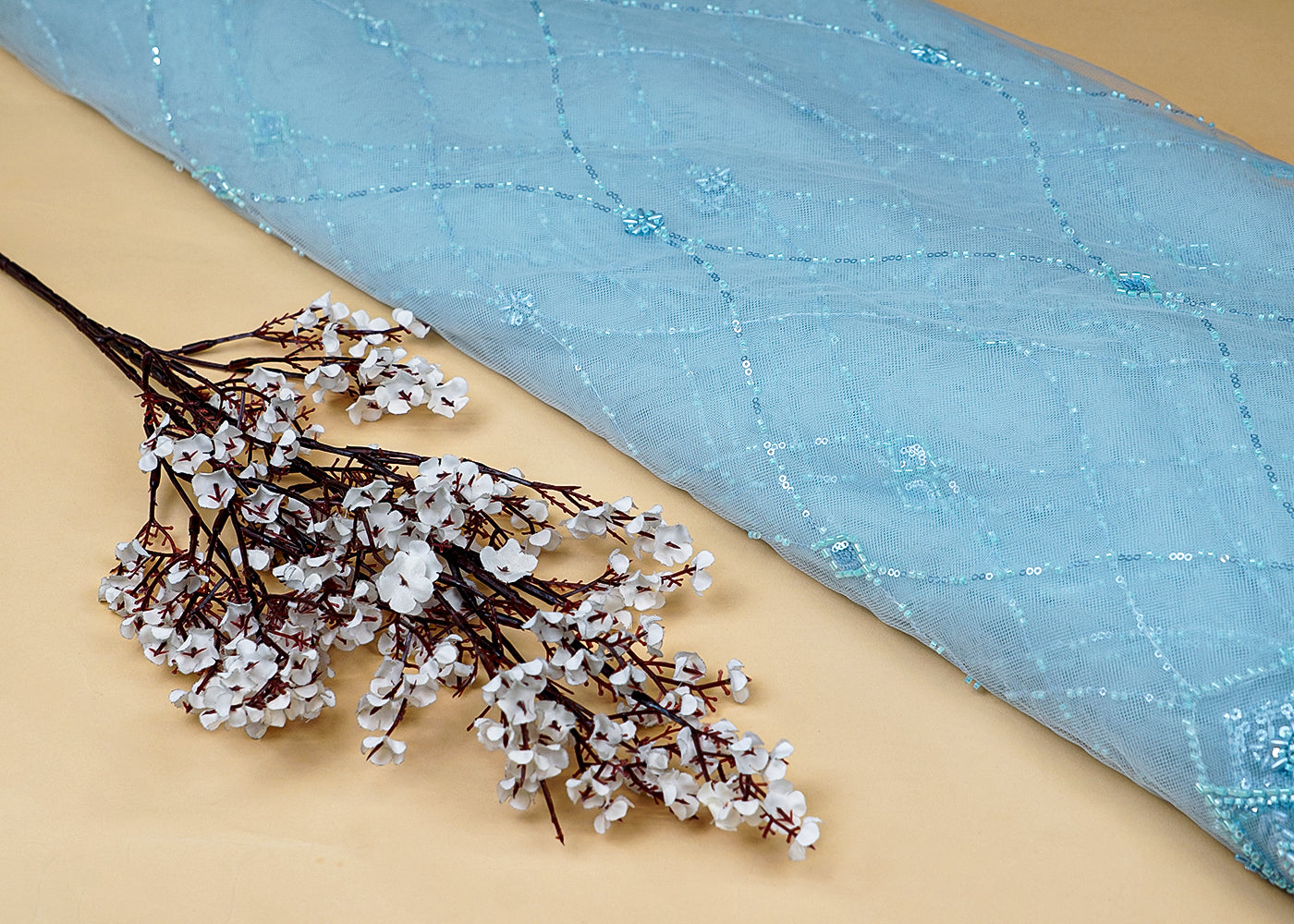 Sky Blue Imported Net Dupatta Fabric With All Over Bead And Sequins Work With Scalloped Borders 15522
