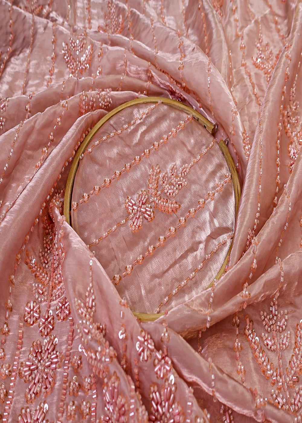 Peach-Imported-Organza-Satin-Fabric-with-All-Over-Katdana,-Bead-&-Sequins-Work-with-One-Side-Cutwork-and-Scalloped-Border-15524-close-view