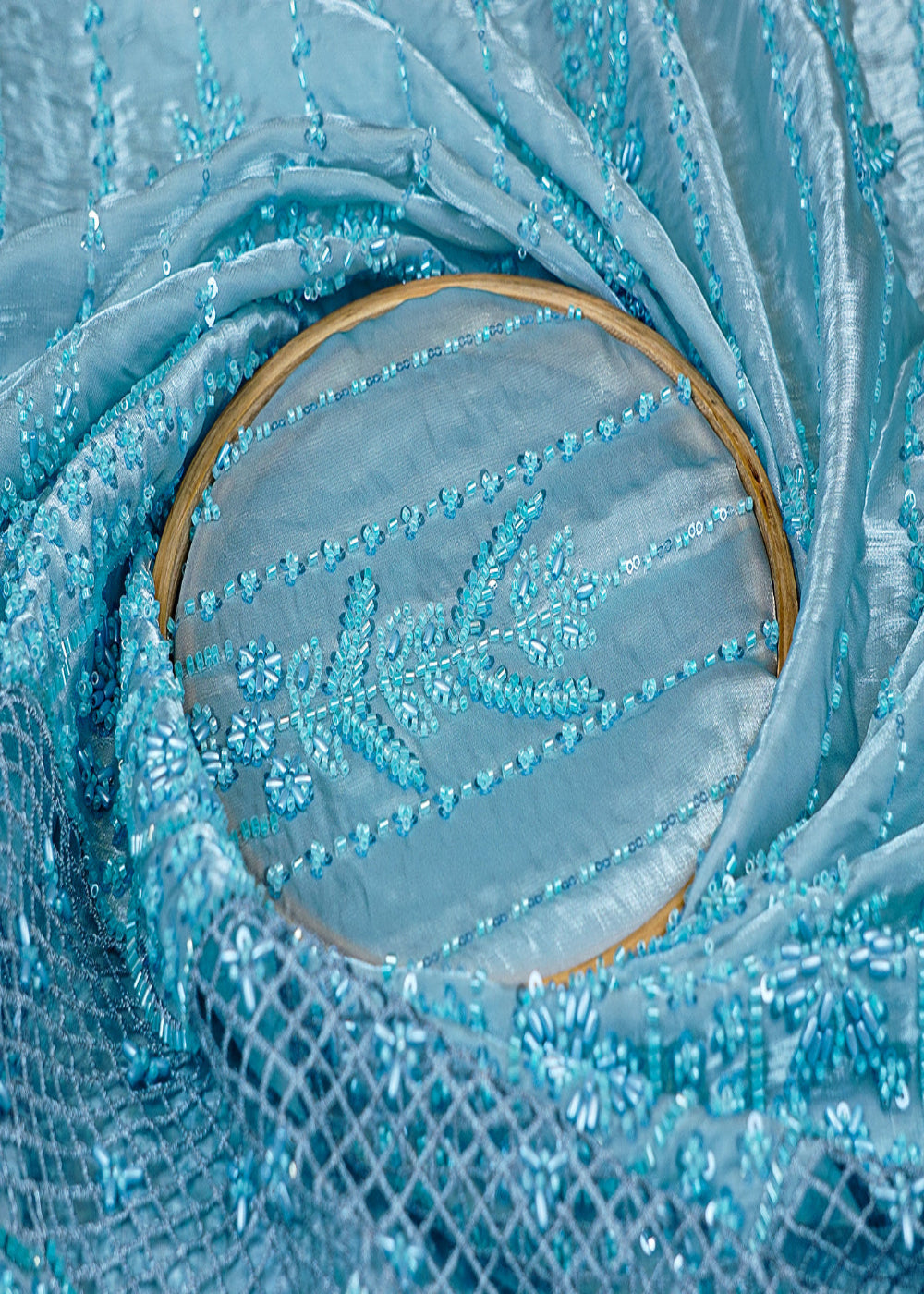 Sky-Blue-Imported-Organza-Satin-Fabric-with-All-Over-Katdana,-Bead-&-Sequins-Work-with-One-Side-Cutwork-and-Scalloped-Border-15525-close-view
