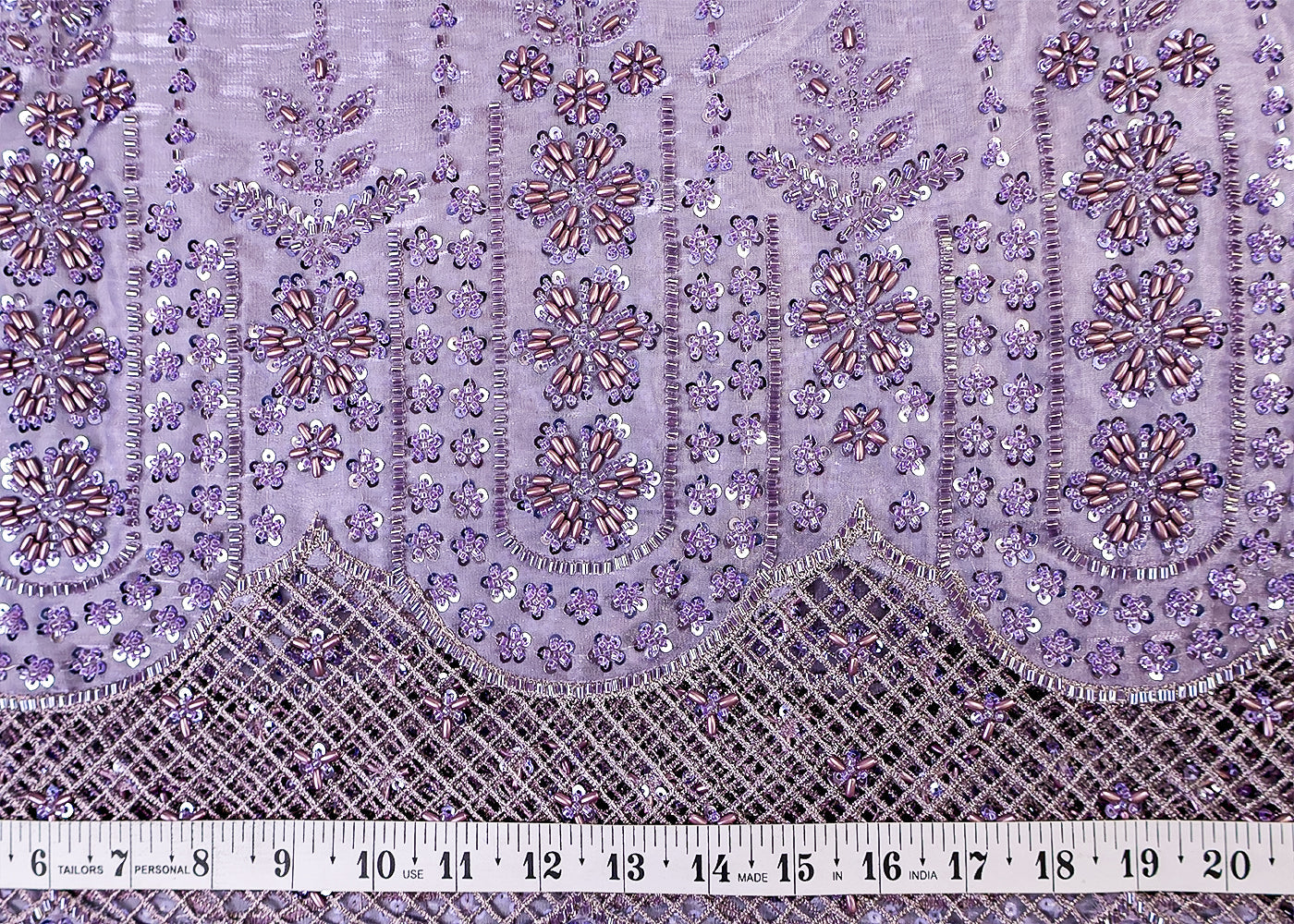 Purple Imported Organza Satin Fabric with All Over Katdana, Bead & Sequins Work with One Side Cutwork and Scalloped Border 15526