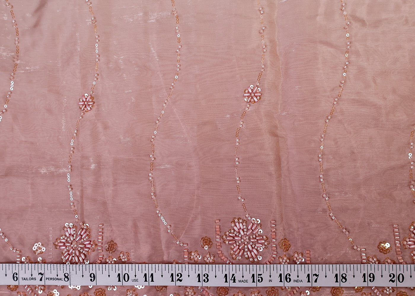 Peach Imported Jimmy Choo Dupatta Fabric with All-Over Katdana, Bead & Sequins Work and Two-Side Border 15527