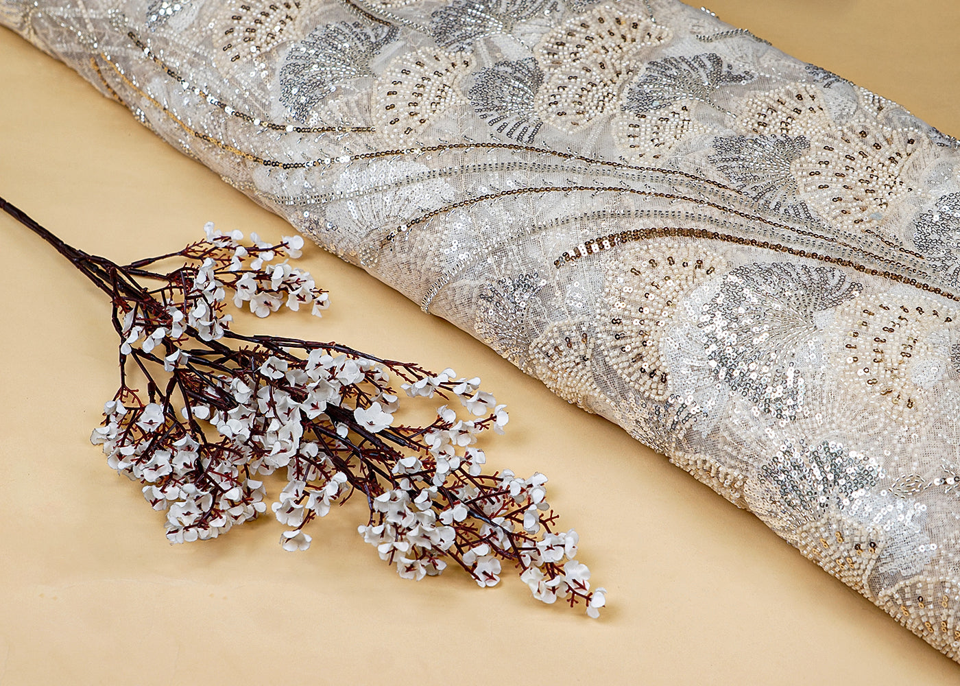 Cream Imported Net Fabric With All Over Bead And Sequins Work 15530