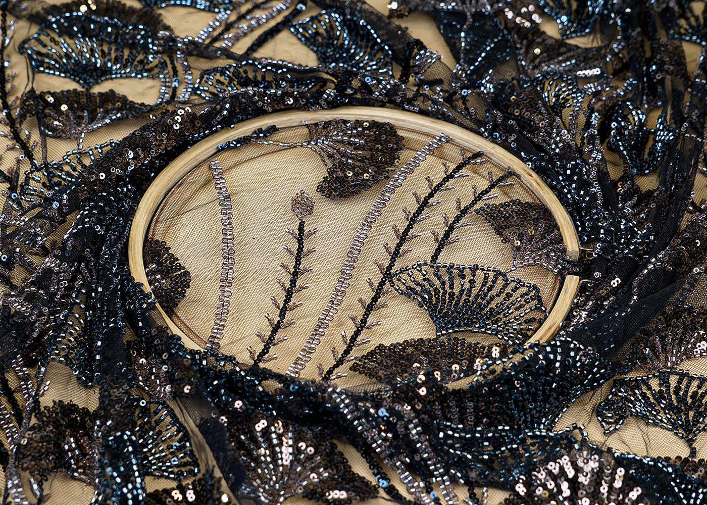 Black Imported Net Fabric With All Over Bead And Sequins Work 15531