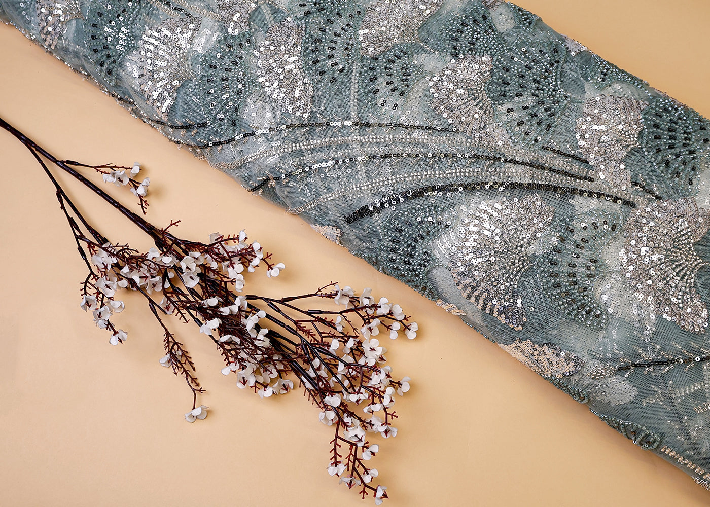 Sea Green Imported Net Fabric With All Over Bead And Sequins Work 15532