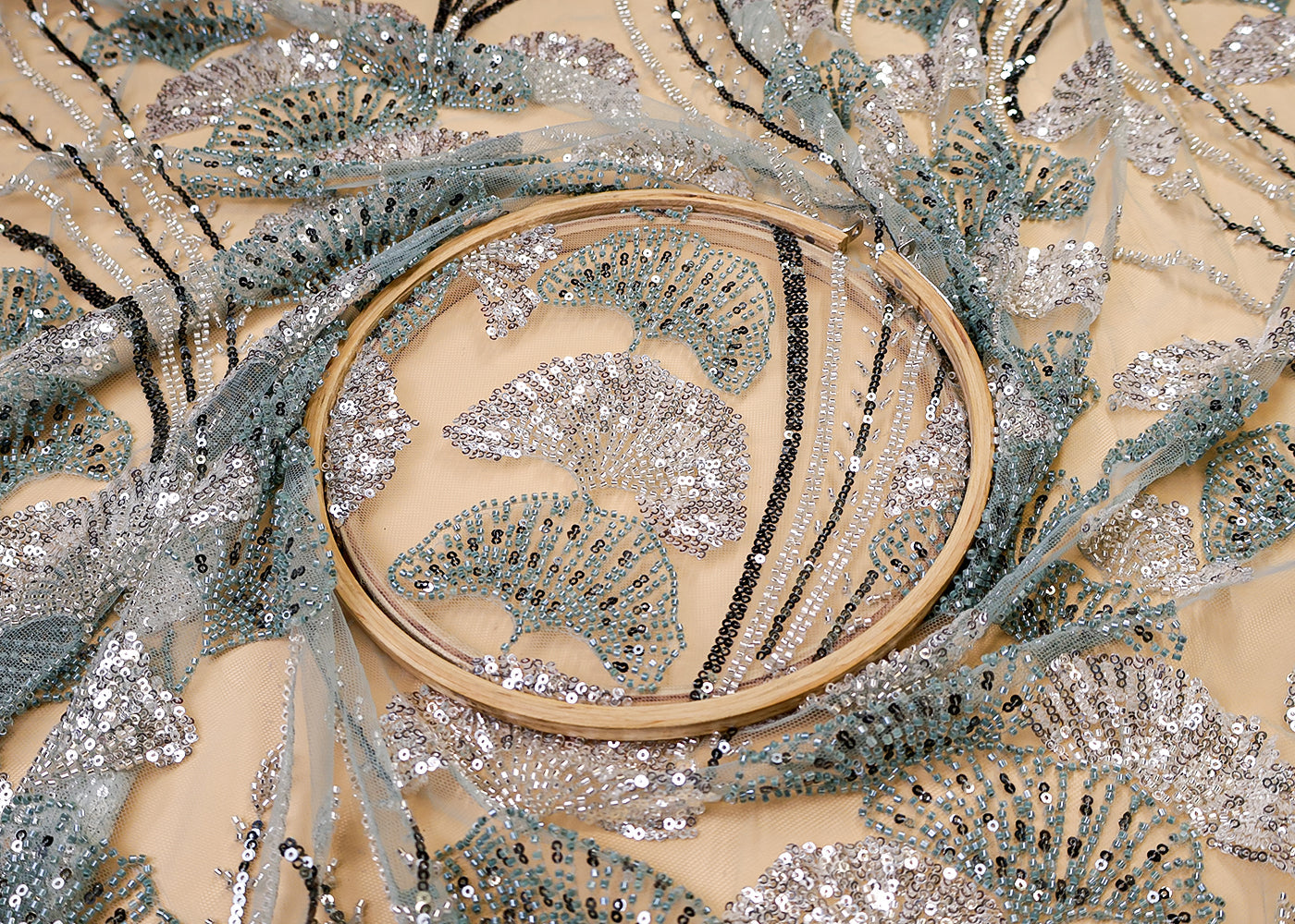 Sea Green Imported Net Fabric With All Over Bead And Sequins Work 15532