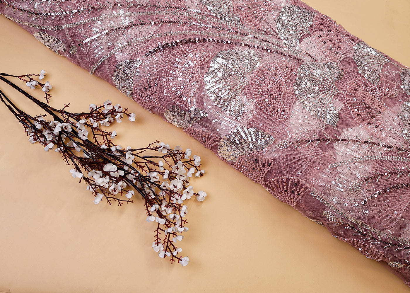 Onion Pink Imported Net Fabric With All Over Bead And Sequins Work 15533