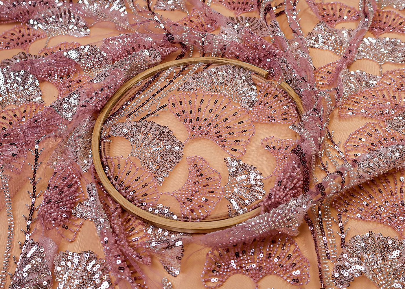 Onion Pink Imported Net Fabric With All Over Bead And Sequins Work 15533