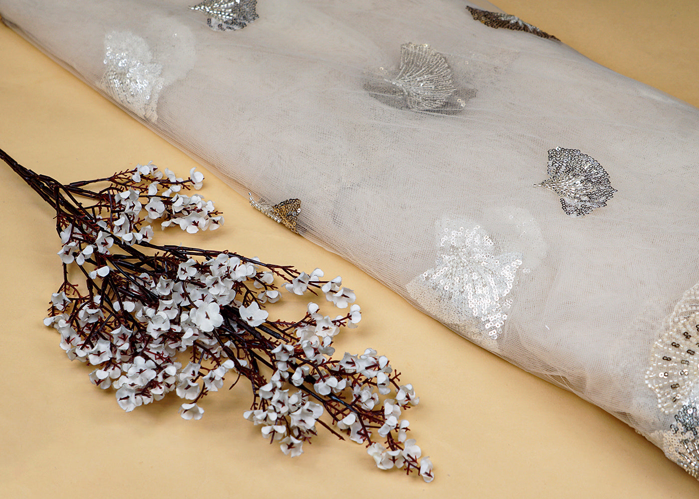 Cream Imported Net Dupatta Fabric With All Over Bead And Sequins Work With Scalloped Borders 15534