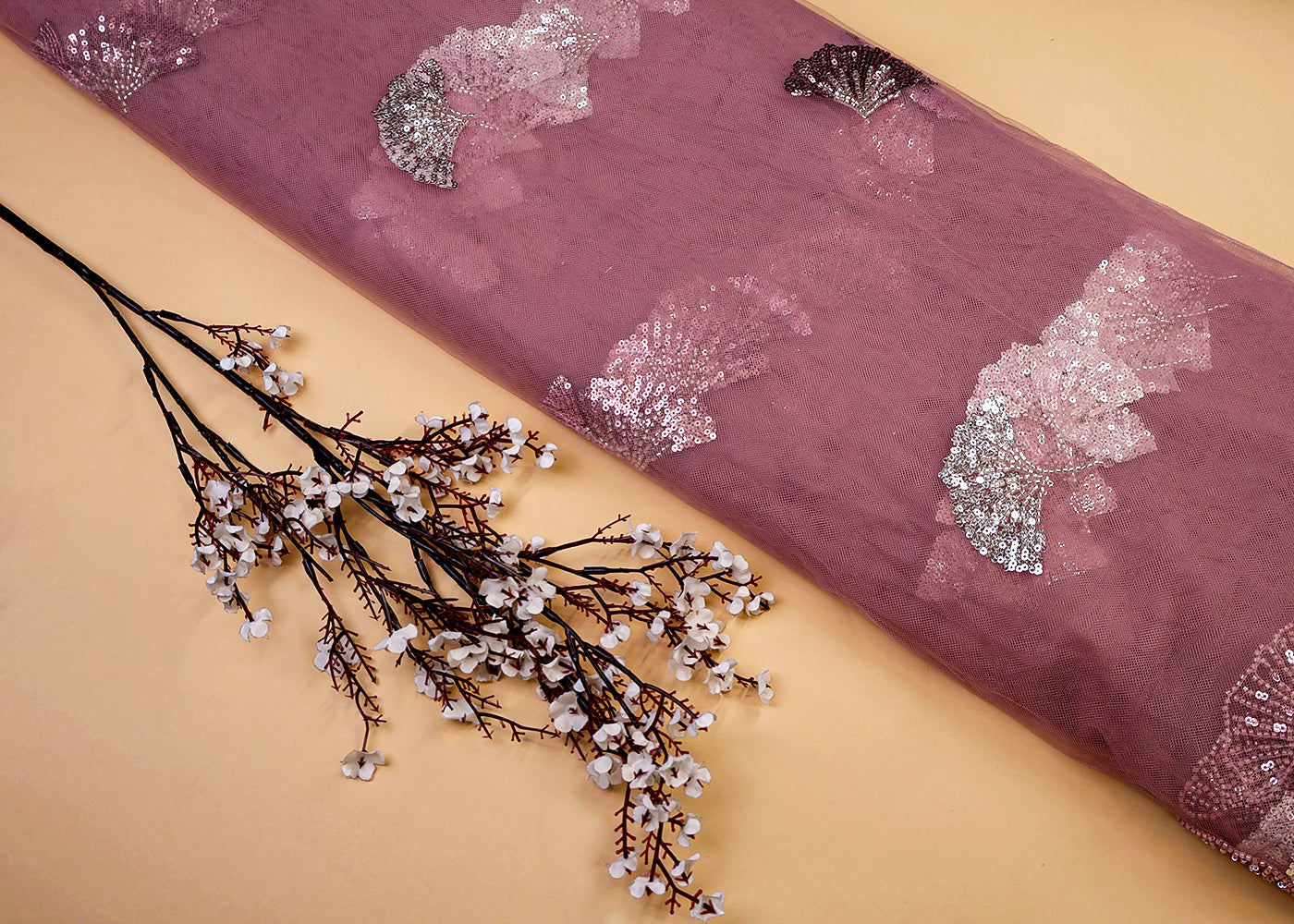 Onion Pink Imported Net Dupatta Fabric With All Over Bead And Sequins Work With Scalloped Borders 15537
