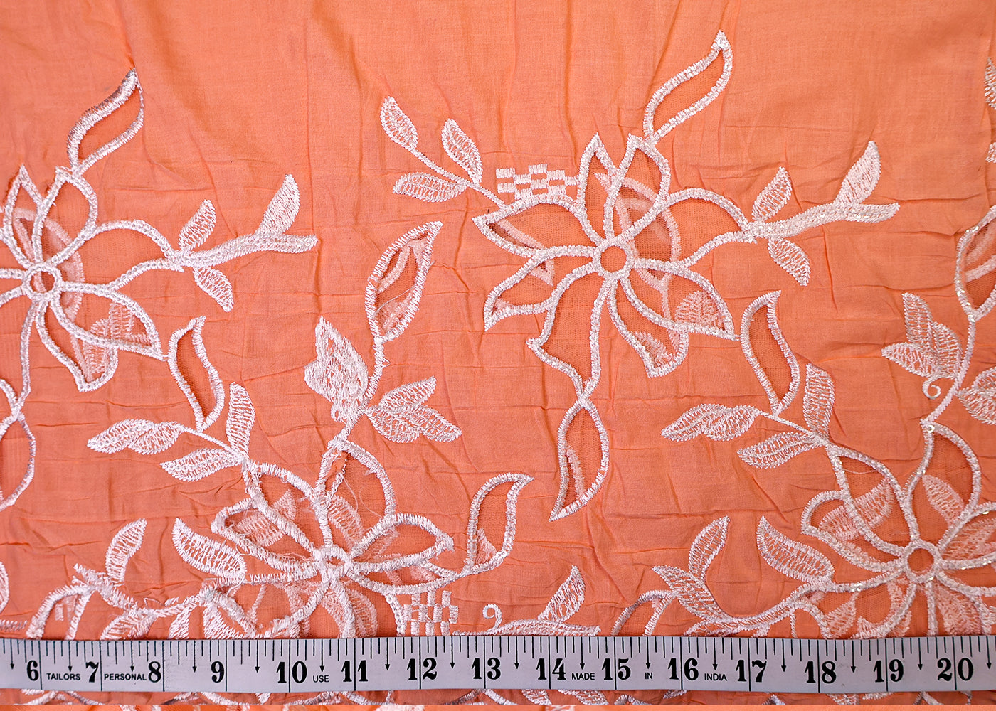 Peach Cotton Fabric With All Over Threadwork And One Side Heavy Cutwork Scalloped Border 15553