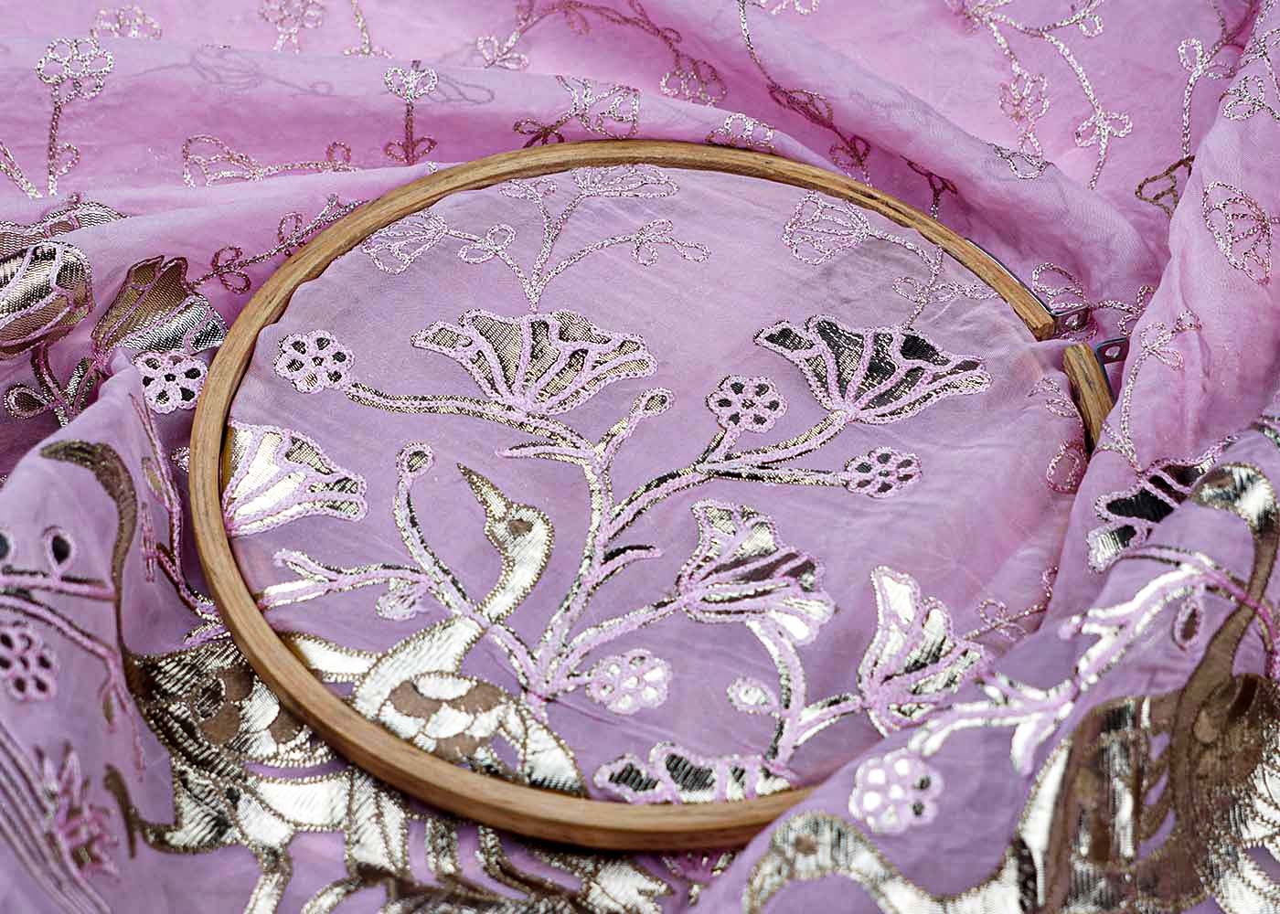 Baby Pink Organza Fabric With All Over Zari And Gota Pati Work With One Side Heavy Border 15594
