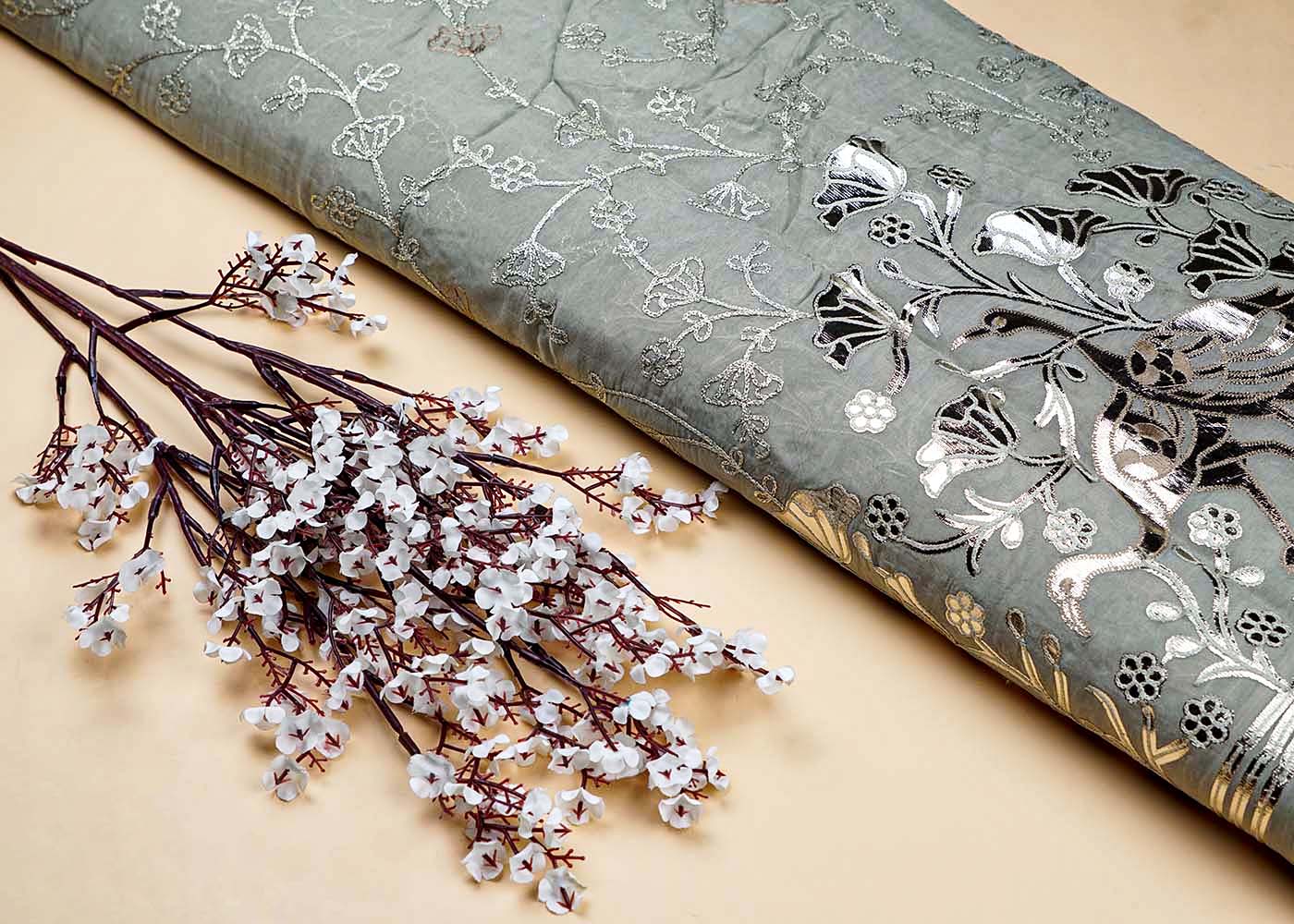 Sage Green Organza Fabric With All Over Zari And Gota Pati Work With One Side Heavy Border 15595