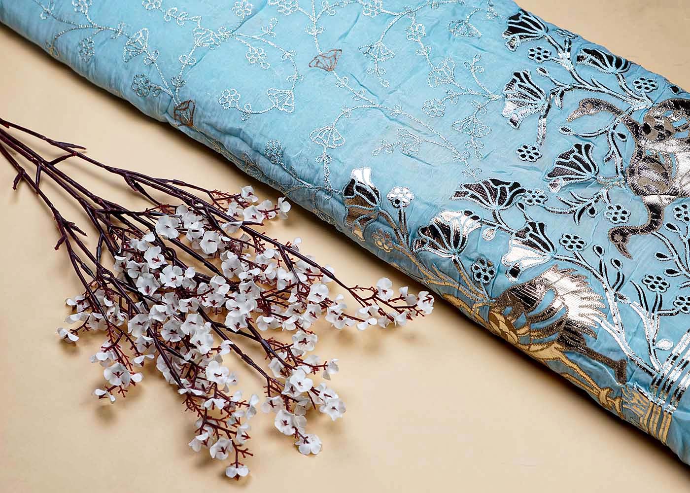 Sky Blue Organza Fabric With All Over Zari And Gota Pati Work With One Side Heavy Border 15596
