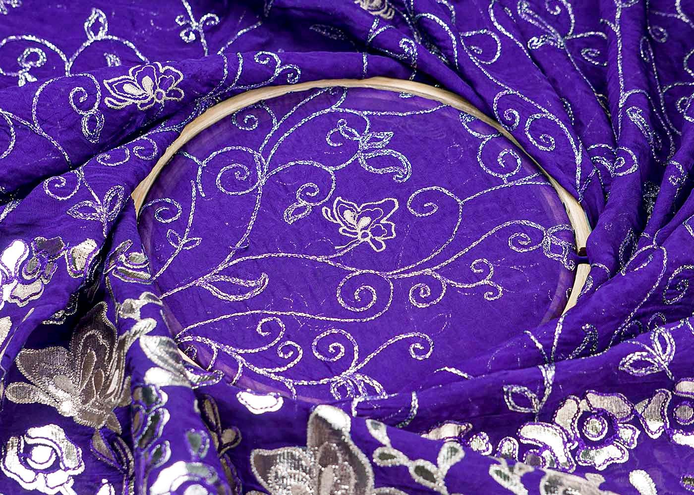 Purple Organza Fabric With All Over Zari And Gota Pati Work With One Side Heavy Border 15597