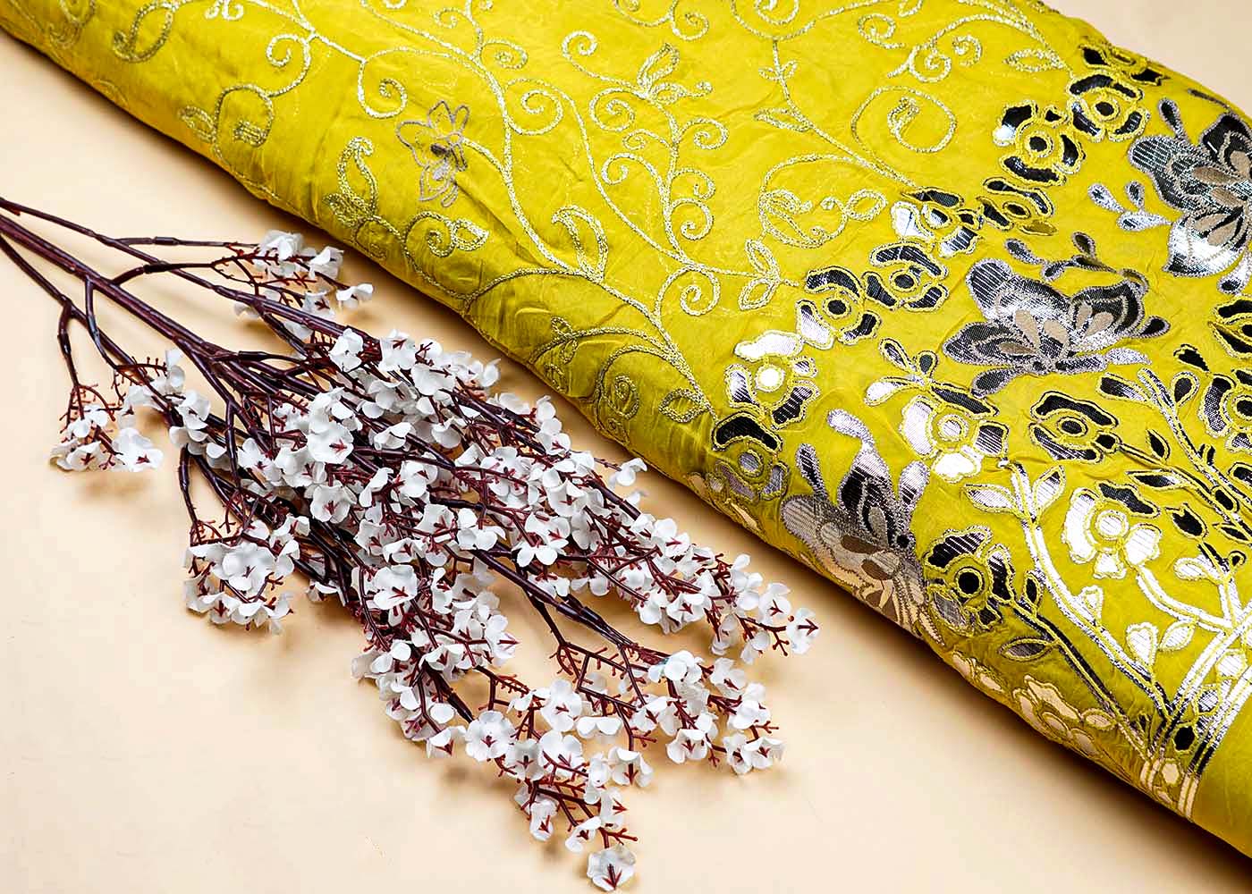 Lime Yellow Organza Fabric With All Over Zari And Gota Pati Work With One Side Heavy Border 15598