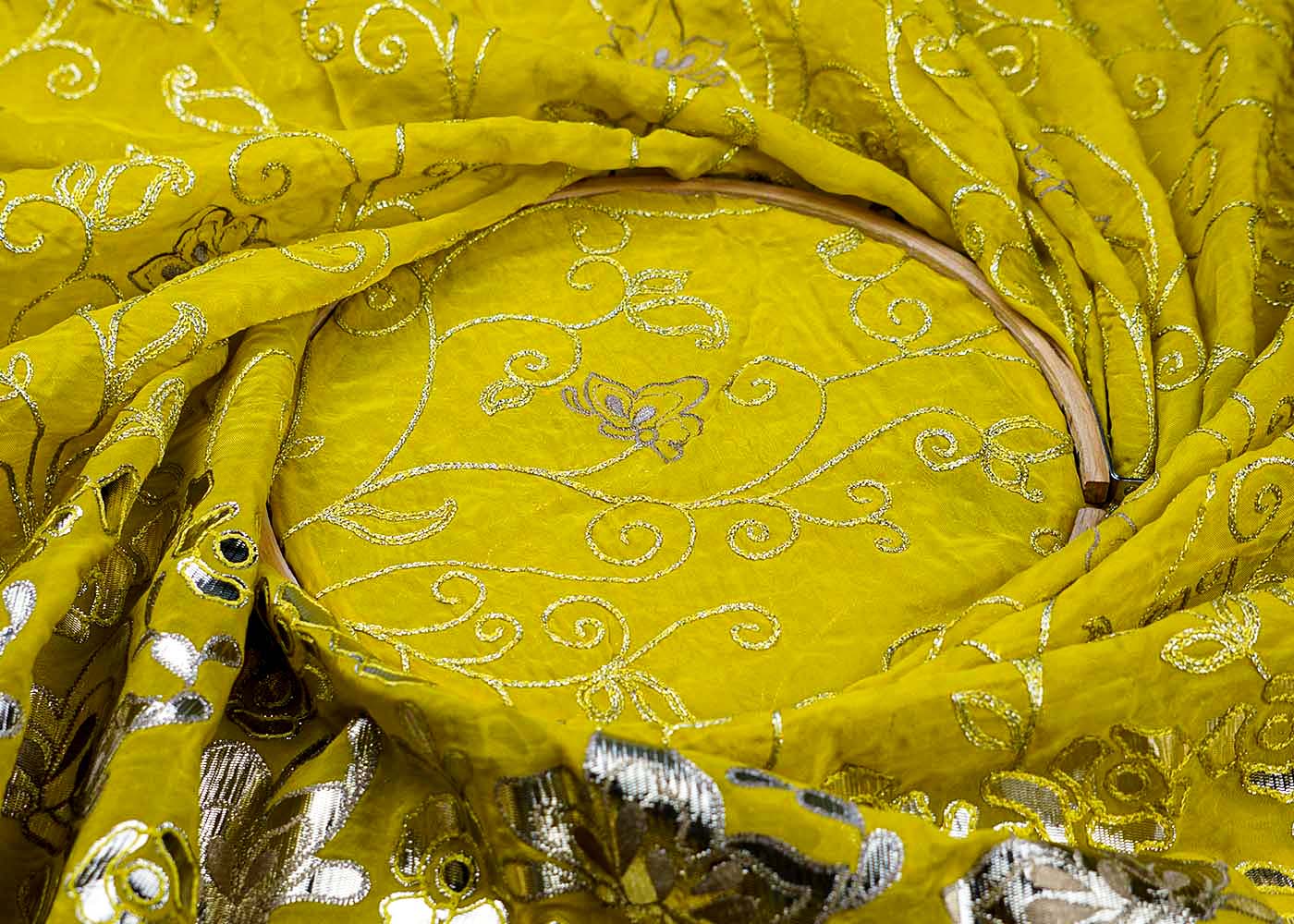 Lime Yellow Organza Fabric With All Over Zari And Gota Pati Work With One Side Heavy Border 15598