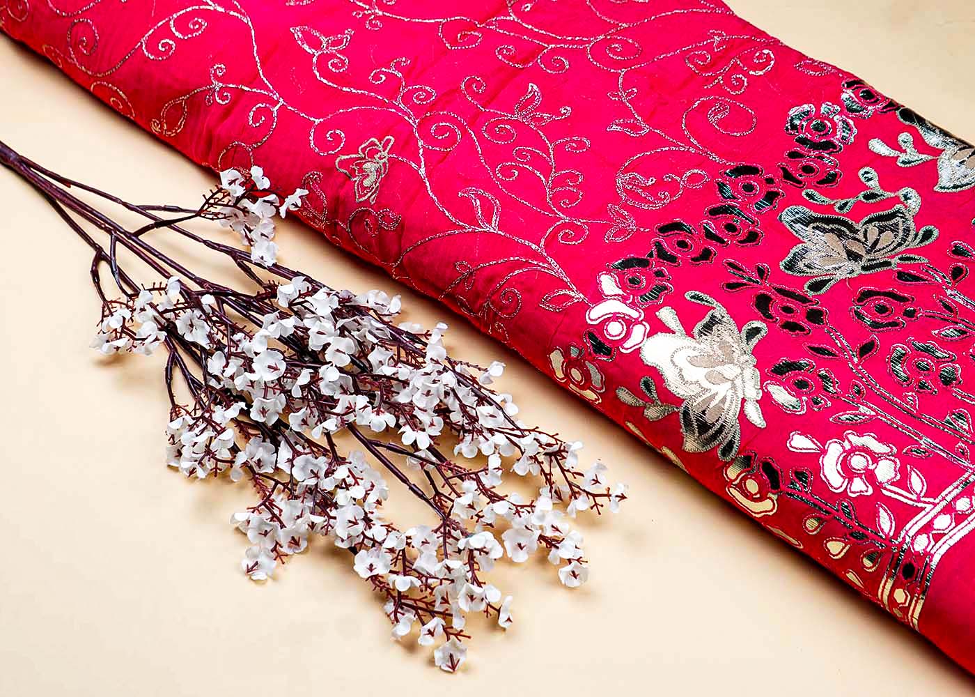 Magenta Organza Fabric With All Over Zari And Gota Pati Work With One Side Heavy Border 15599