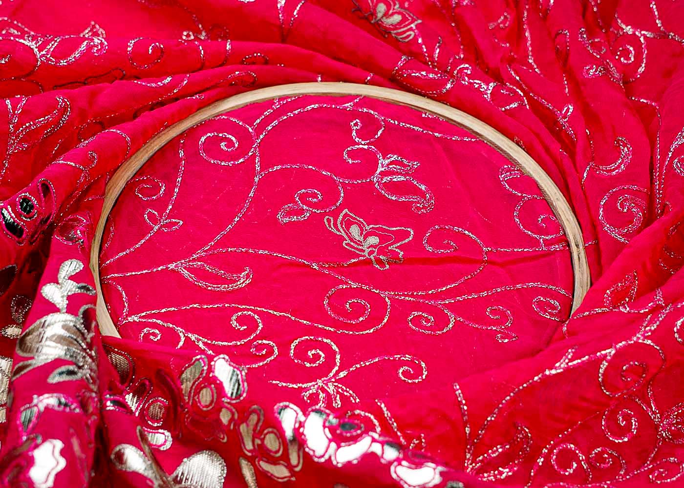 Magenta Organza Fabric With All Over Zari And Gota Pati Work With One Side Heavy Border 15599