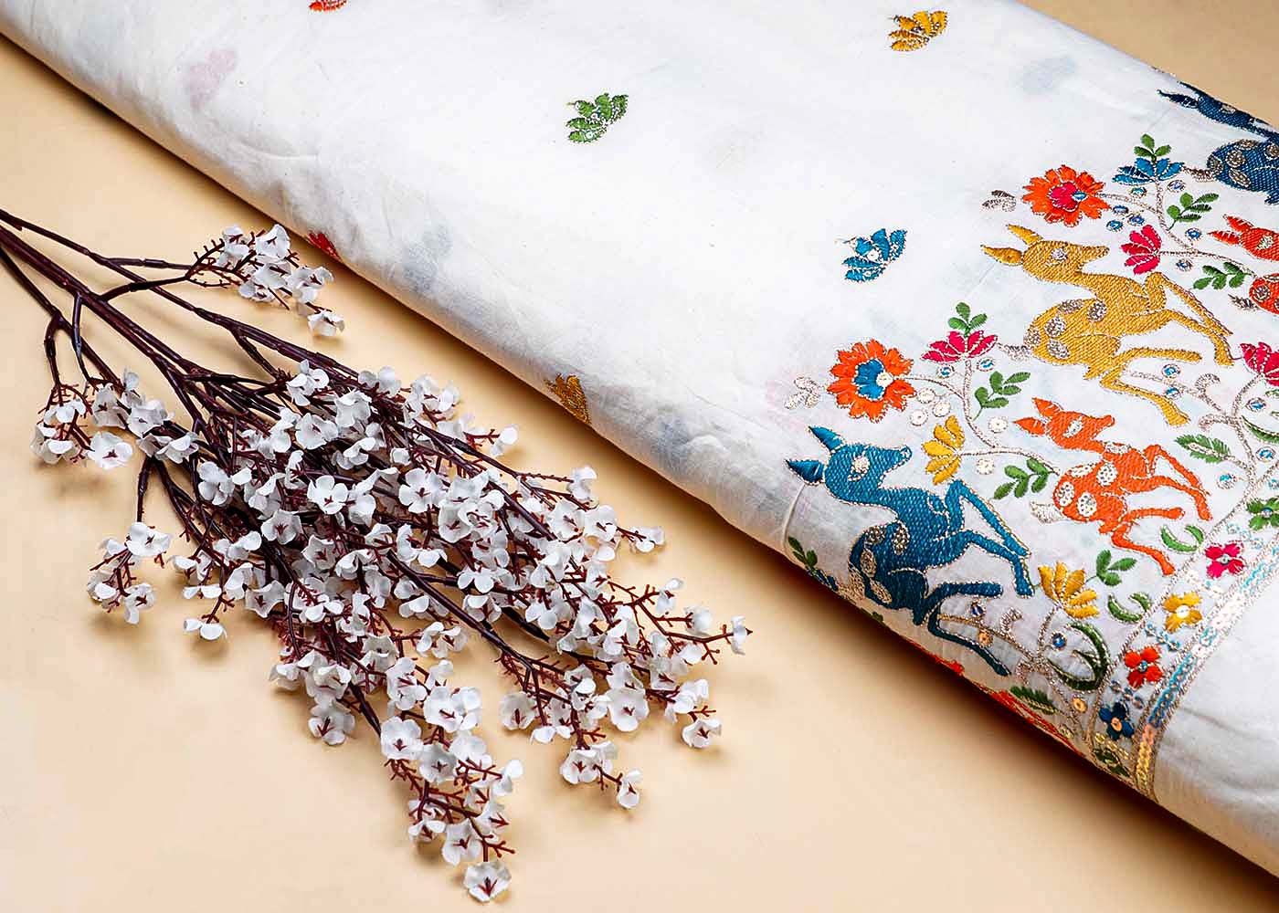 White Cotton Fabric With All Over Thread And Sequins Work With One Side Heavy Border 15601