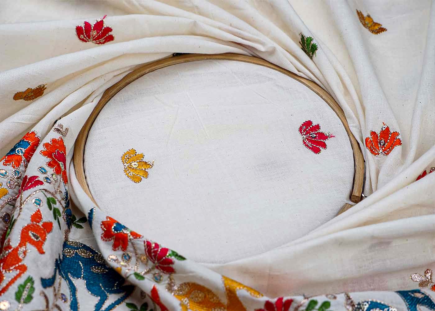 White Cotton Fabric With All Over Thread And Sequins Work With One Side Heavy Border 15601