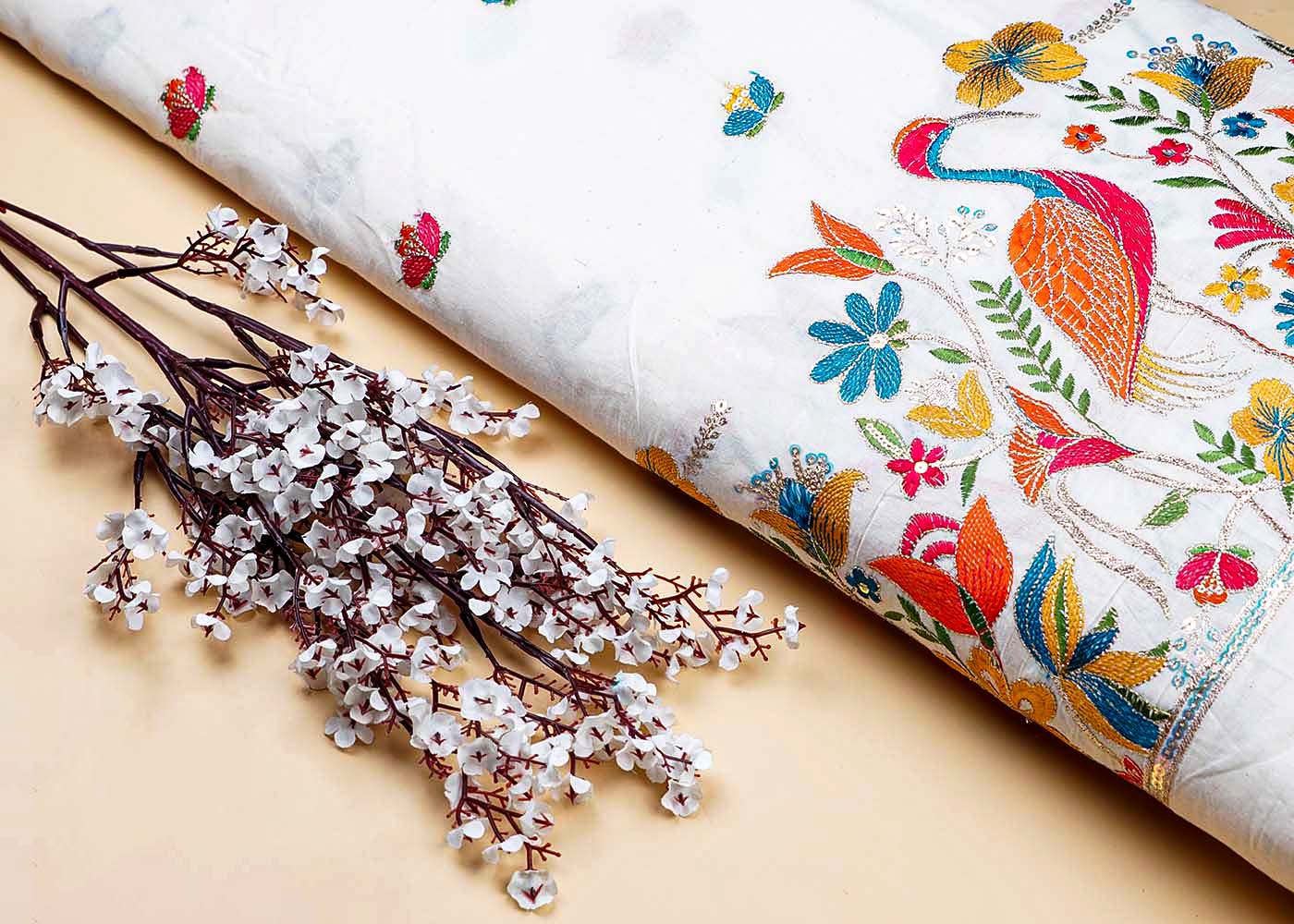 White Cotton Fabric With All Over Thread And Sequins Work With One Side Heavy Border 15602
