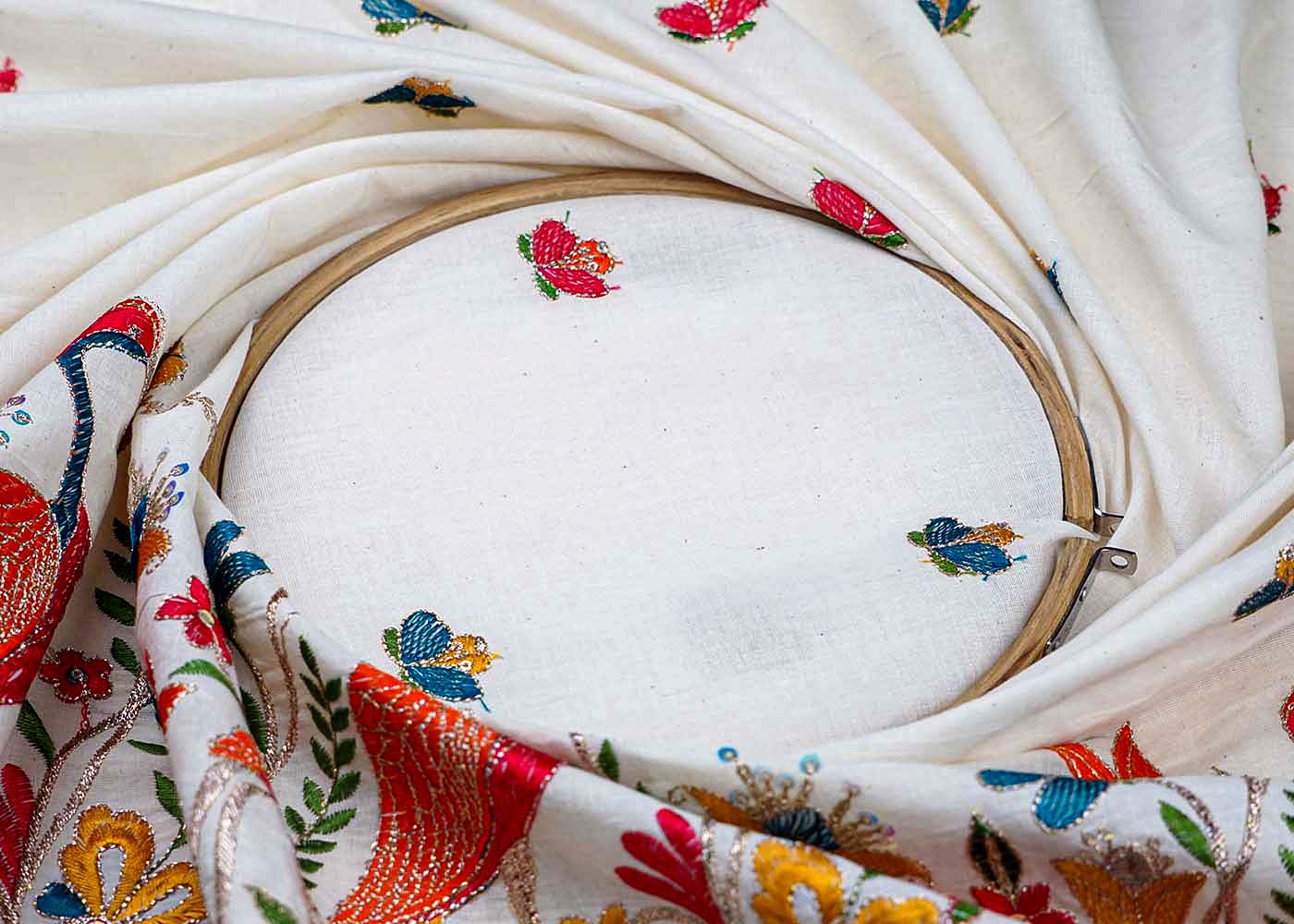 White Cotton Fabric With All Over Thread And Sequins Work With One Side Heavy Border 15602