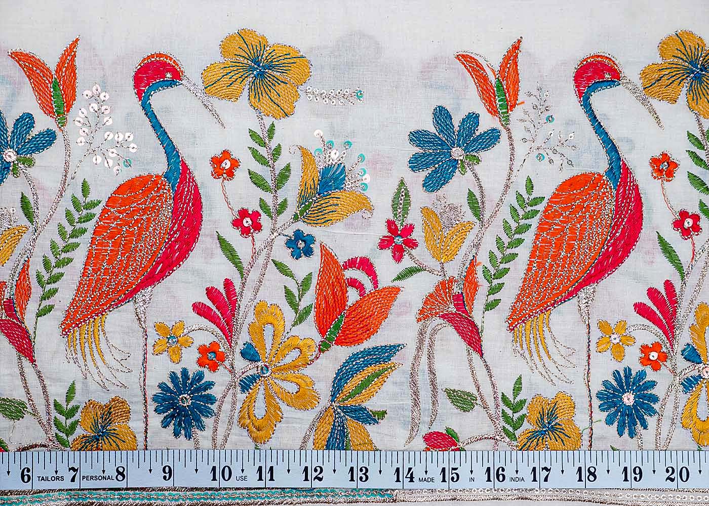 White Cotton Fabric With All Over Thread And Sequins Work With One Side Heavy Border 15602