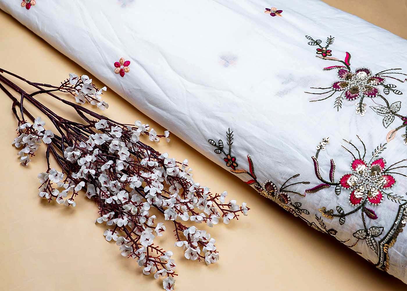 White Cotton Fabric With All Over Thread And Sequins Work With One Side Heavy Border 15603