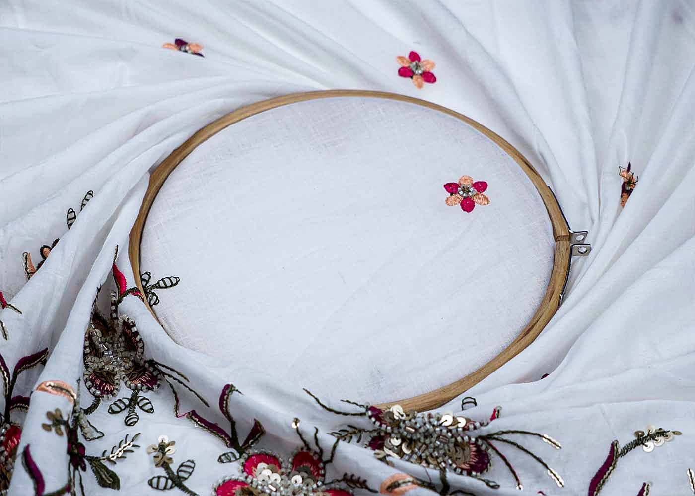 White Cotton Fabric With All Over Thread And Sequins Work With One Side Heavy Border 15603