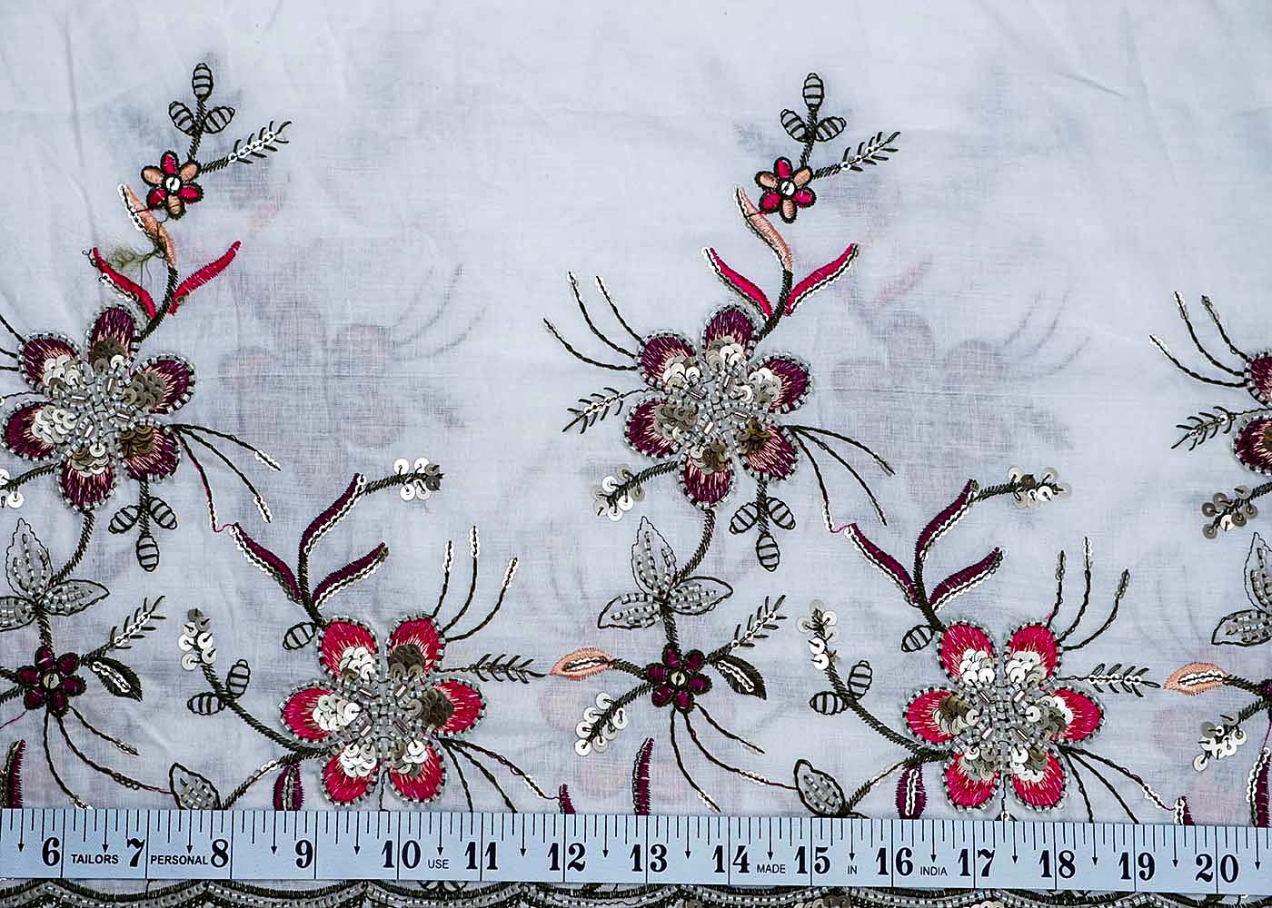 White Cotton Fabric With All Over Thread And Sequins Work With One Side Heavy Border 15603