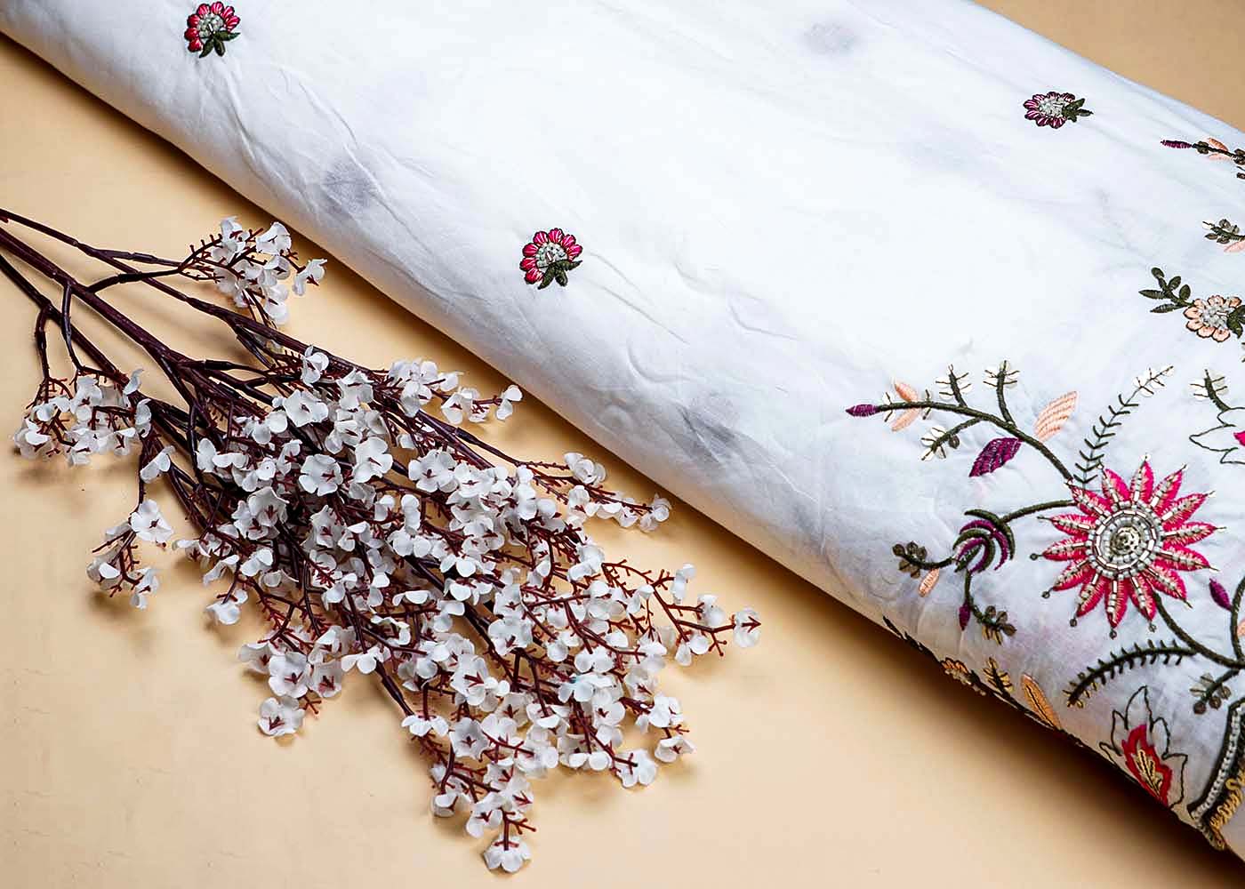 White Cotton Fabric With All Over Thread And Sequins Work With One Side Heavy Border 15604
