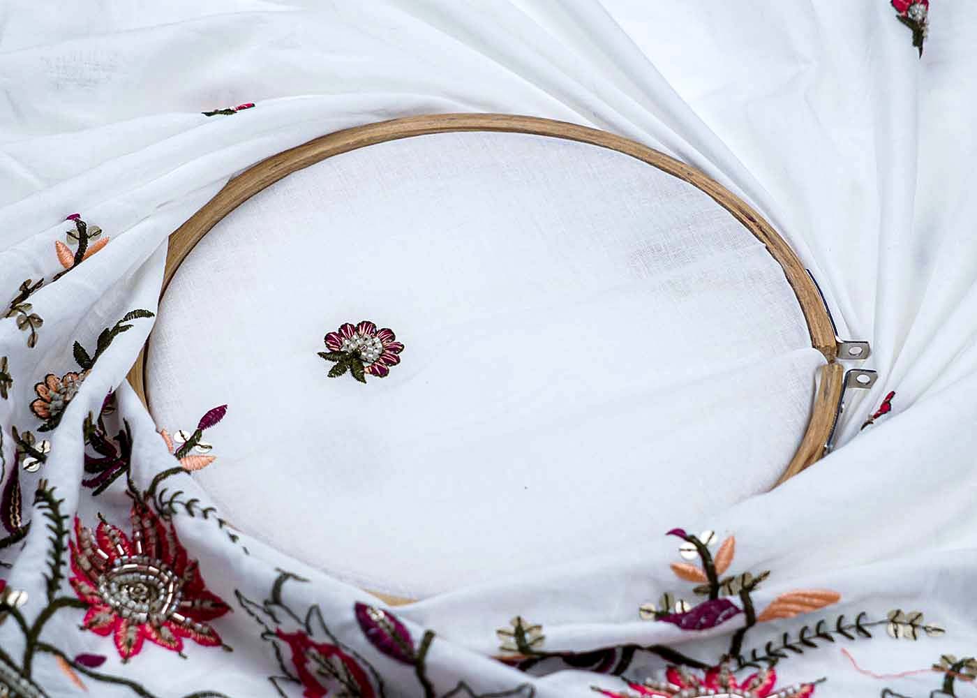 White Cotton Fabric With All Over Thread And Sequins Work With One Side Heavy Border 15604