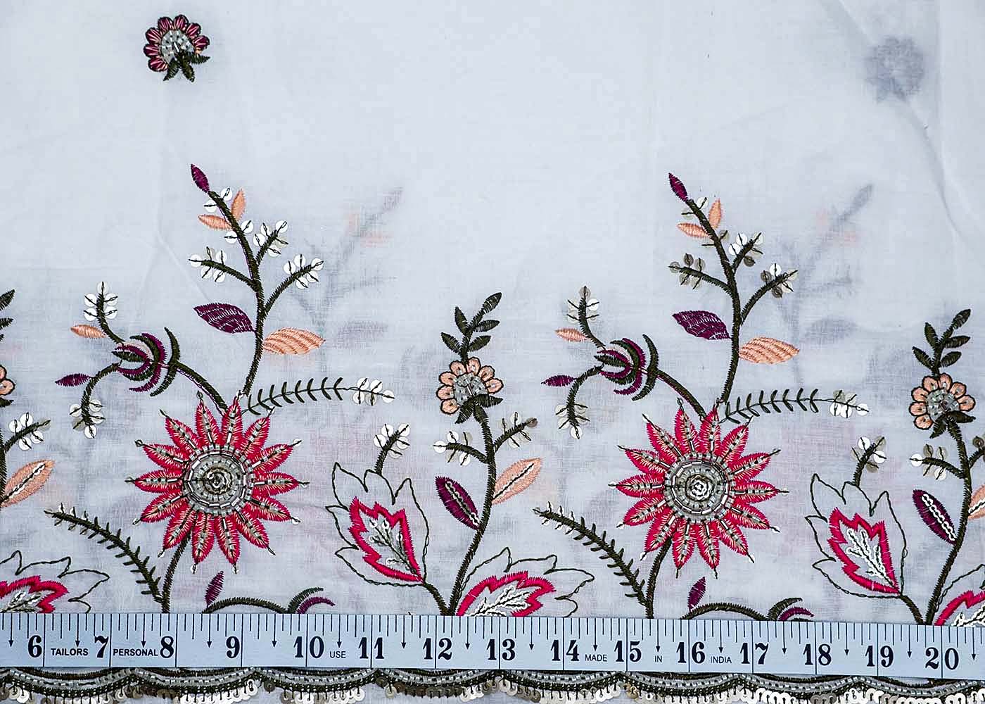 White Cotton Fabric With All Over Thread And Sequins Work With One Side Heavy Border 15604